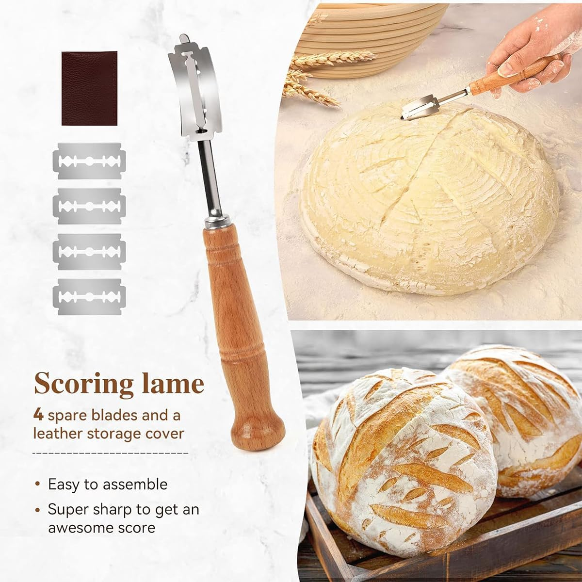 9SHOME Complete Sourdough Bread Starter Kit, 9 Inch round Banneton Proofing Basket, Bread Baking Supplies with 32Oz Sourdough Jar, Dough Whisk, Scraper & Bread Lame, Spatula, Silicone Mat image number 5