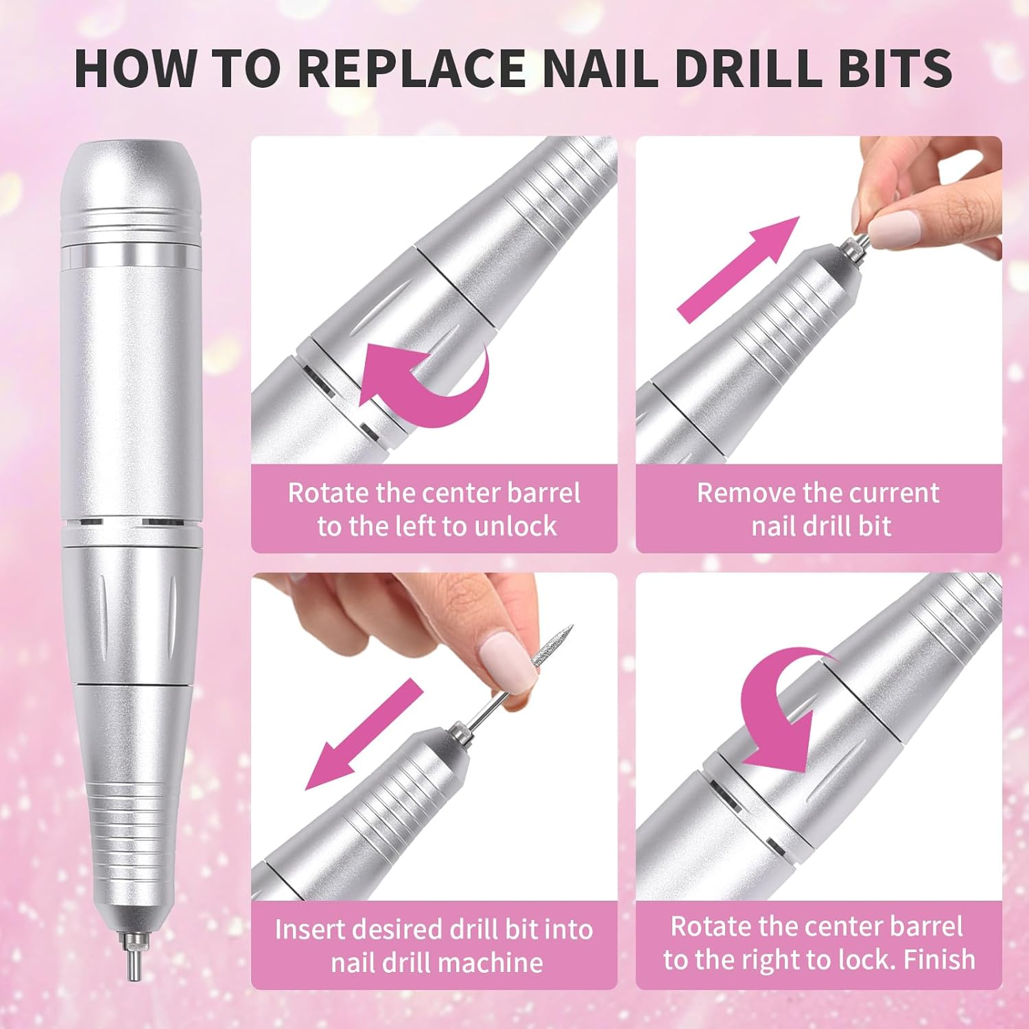 Siyuwuro Portable Nail Drill 45000 RPM Professional Cordless Rechargeable Electric Nail File for Removing Polishing Acrylic Gel Nails with 6 Drill Bits & Sanding Bands, Nail Salon Home Use (Pink) - Purple image number 6
