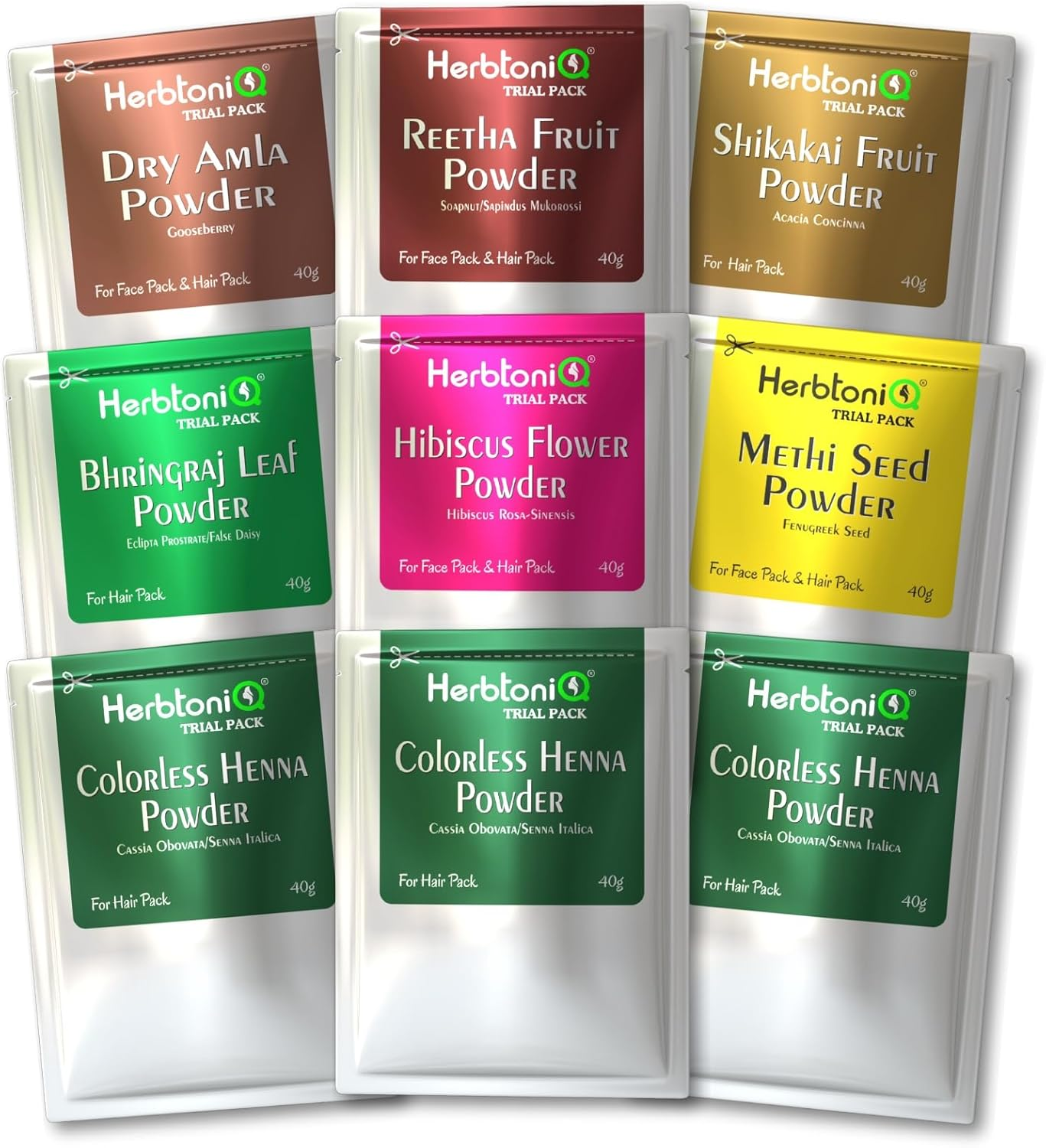 Herbal Hair Mask Powder Mini Pack - 9 Herbs Powders for Hair Growth and Scalp Health Hair Pack - 40G Each - Amla, Reetha, Shikakai, Bhringraj, Hibiscus, Methi, and 3 Pcs Colorless Neutral Henna Powder image number 4