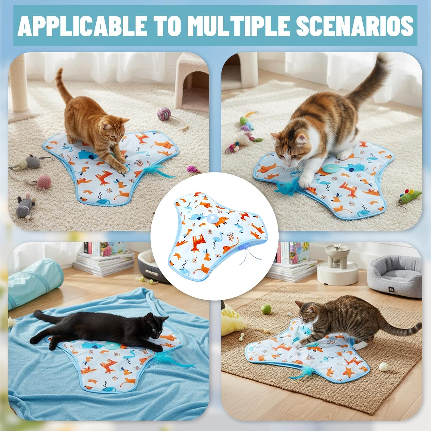 Litinliv Interactive Cat Toy for Indoor Cats, Rechargeable Automatic Feather Wand, 3 Modes Motorized Kitten Toys, Hide and Seek Self-Play Fun, USB Powered, Blue