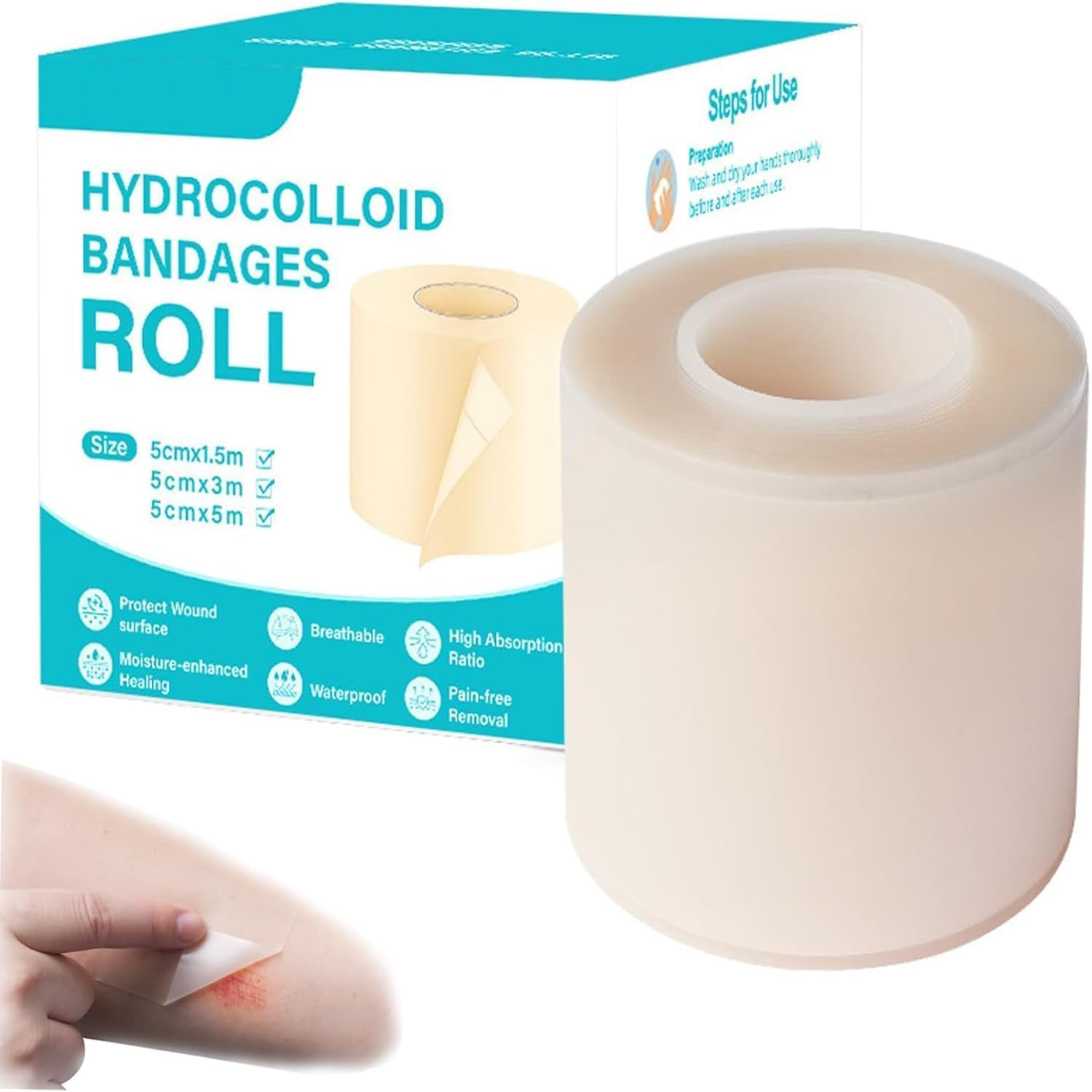 Medical Hydrocolloid Bandages Roll, Hydrocolloids Rolls for Wound Care, Cut to Size, Ultra Absorbent, Flexible and Waterproof, Home First Aid Kit Essential, 5Cm*2M