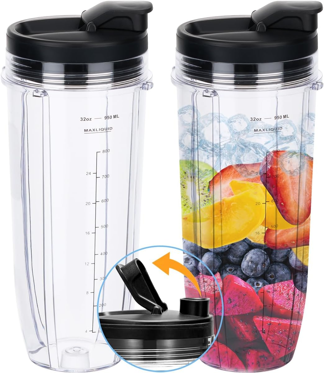 Replacement 32Oz Blender Cup with Sip & Seal Lid for Nutri Ninja BL450 BL454 Bl455 BL456 BL480 BL481 BL482 BL490 BL640 BL642 BL682 SS101 SS401 SS351 Nutri Ninja Auto IQ Series Blenders, 2-Pack &hellip; image number 1