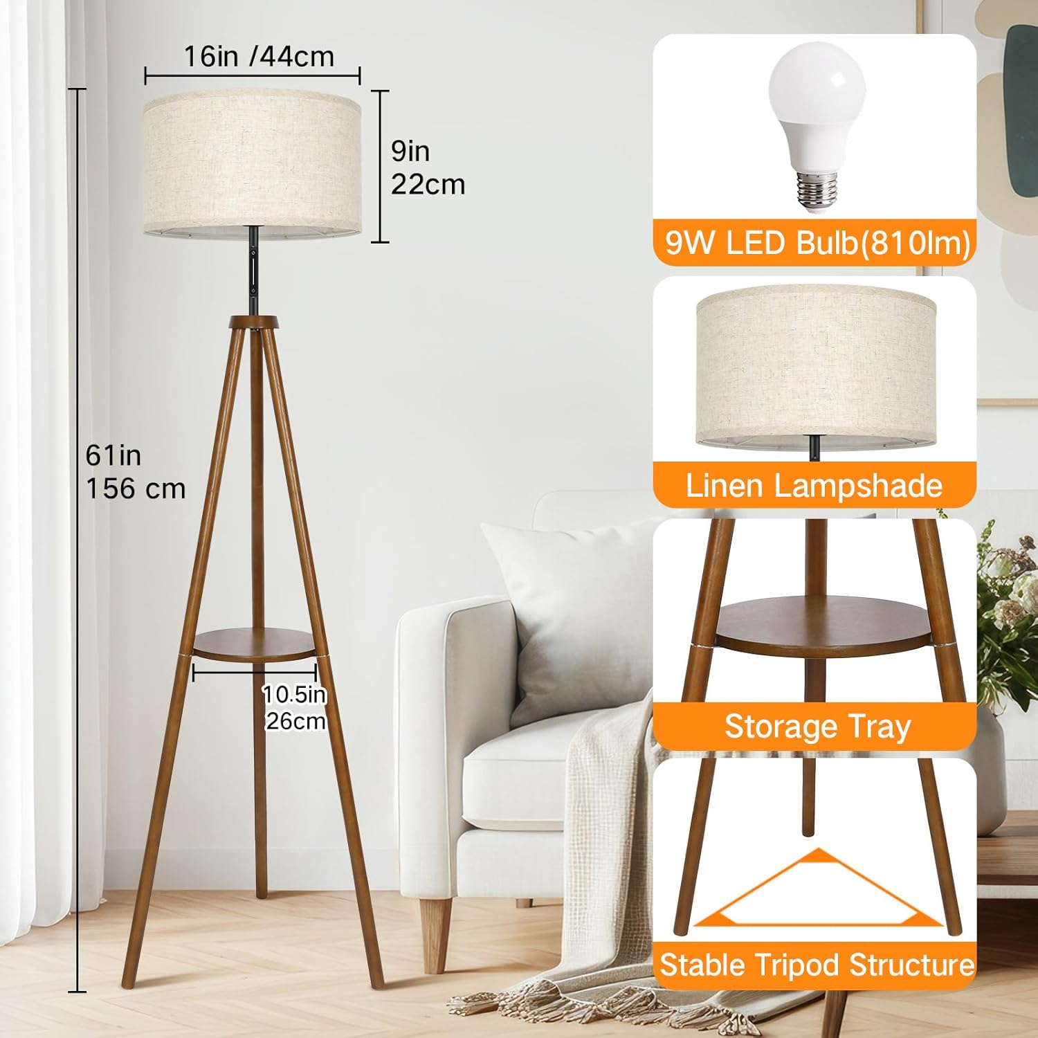 OUTON Wooden Tripod Floor Lamp with Shelves, 4 Color Temperatures Mid Century Dimmable Floor Lamp with Remote & &lrm;Touch Control, Modern Tall Standing Lamp for Living Room Bedroom Office, Walnut Wood - Walnut image number 5