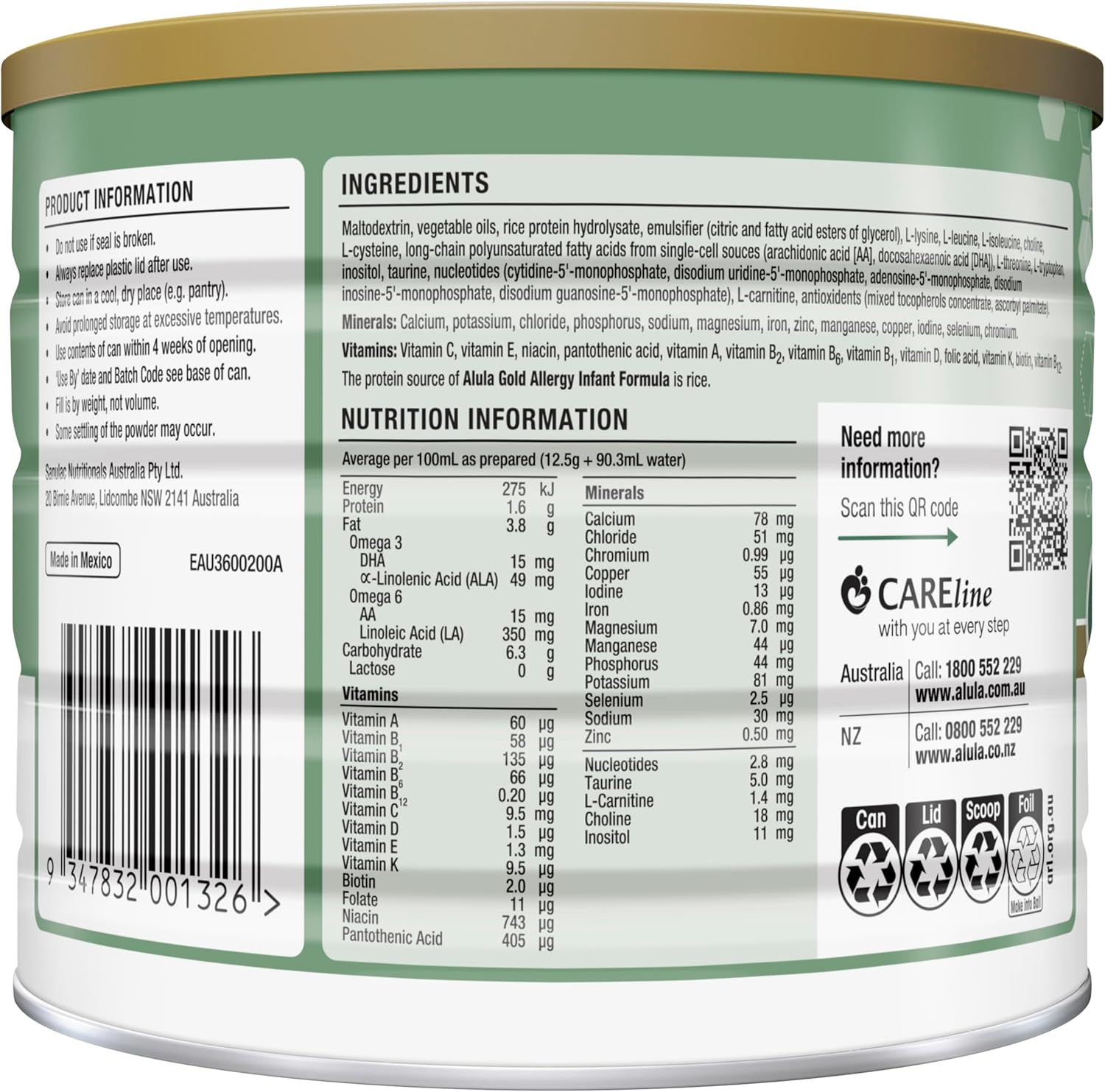 ALULA GOLD ALLERGY INFANT FORMULA 0-12MTHS, 200G