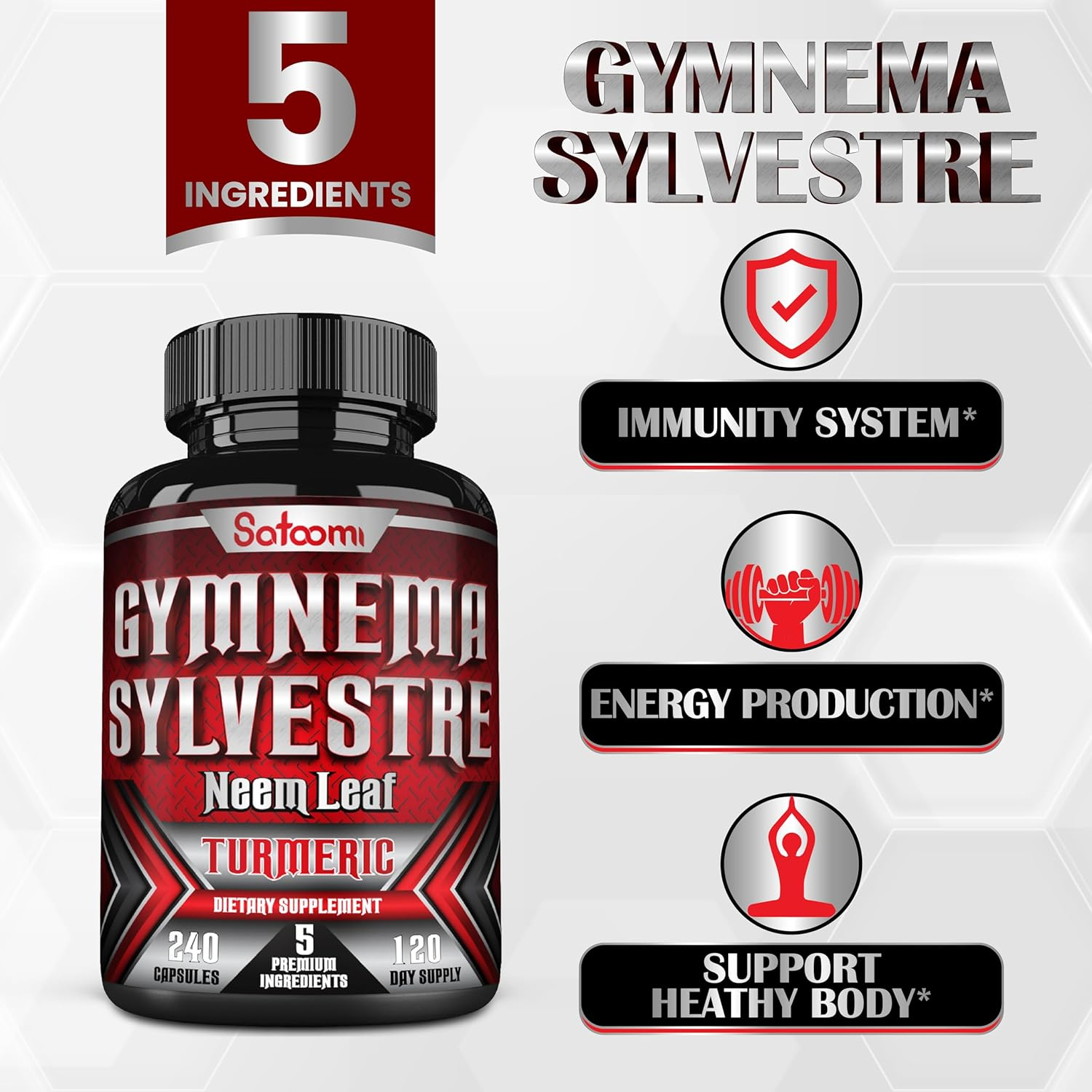 SATOOMI Gymnema Sylvestre Extract Capsules - with Turmeric, Neem Leaf & Black Pepper - 240 Vegan Caps for 4 Months - Non-Gmo, Gluten Free image number 3