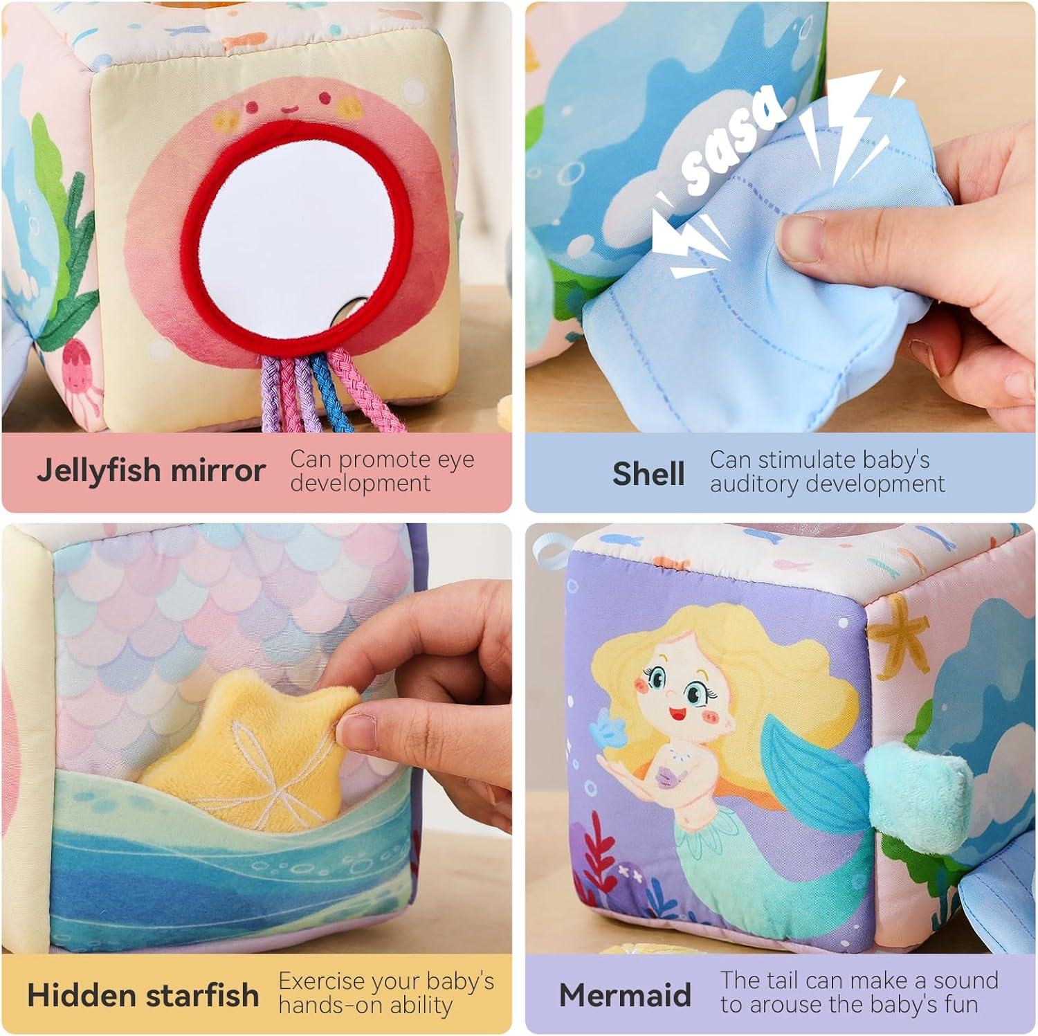 Promise Babe Baby Tissue Box Toy for Babies 6-12 Months Baby Toy - Montessori Sensory Busy Cube Toys with 3 Sensory Ball - Boy Girl Gifts for Babies 6 12 18 Months Old(Mermaid) image number 3