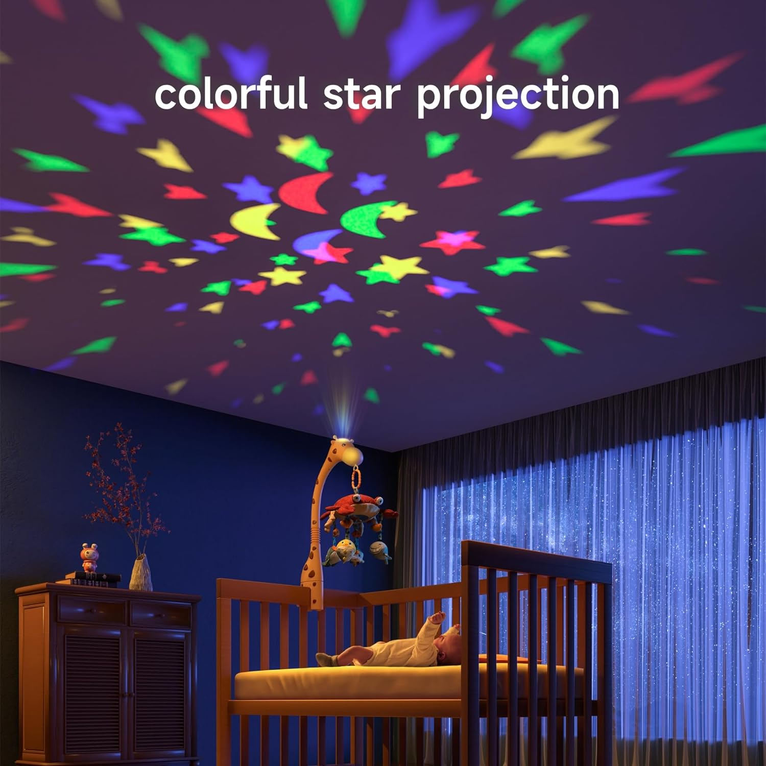 Tumama Baby 0-6 Month Cot Mobile Crib Toys Giraffe Musical Lights Remote Control with Mirror Soft Hanging Rattles Lullaby Rotating Projector Sleeping Auto Off,Mute Spin Motor Infant Newborn Gift image number 2