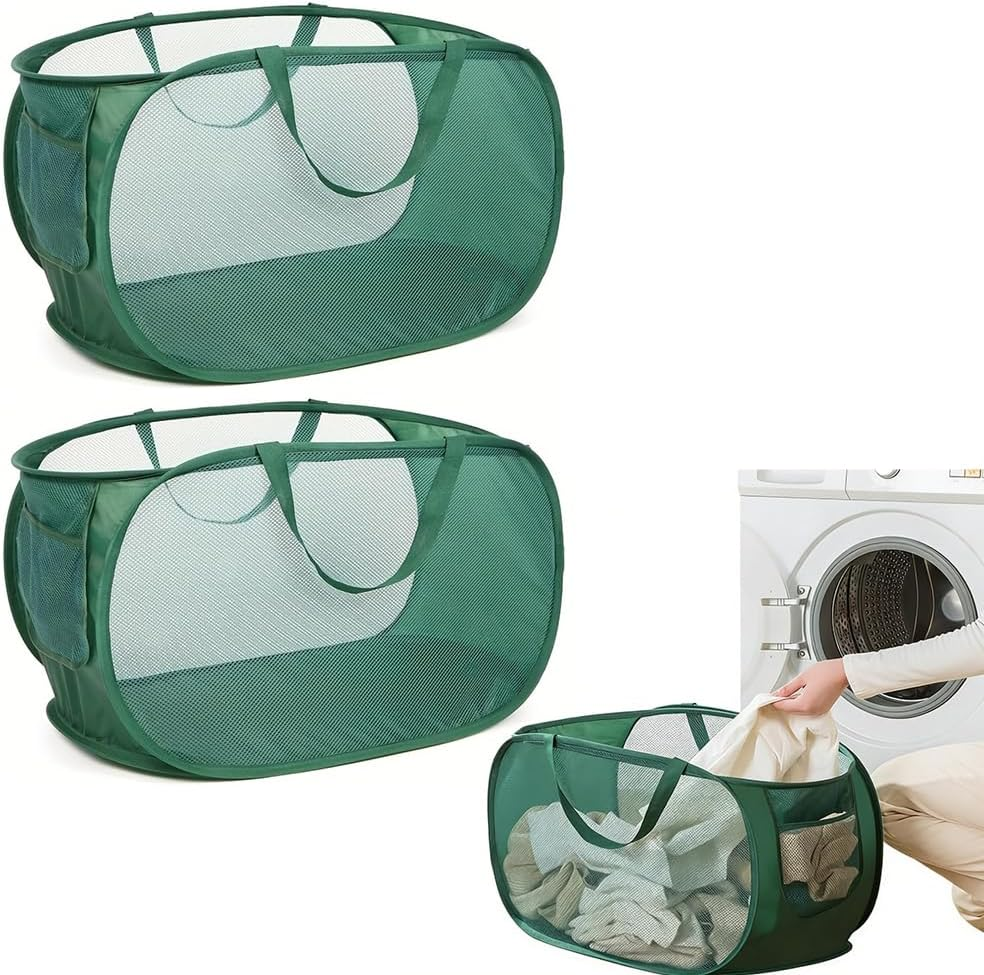 2 Pack Foldable Pop up Mesh Laundry Hampers Large Green Laundry Baskets with Handles and Side Pocket for Clothes Toys and Home Storage image number 5