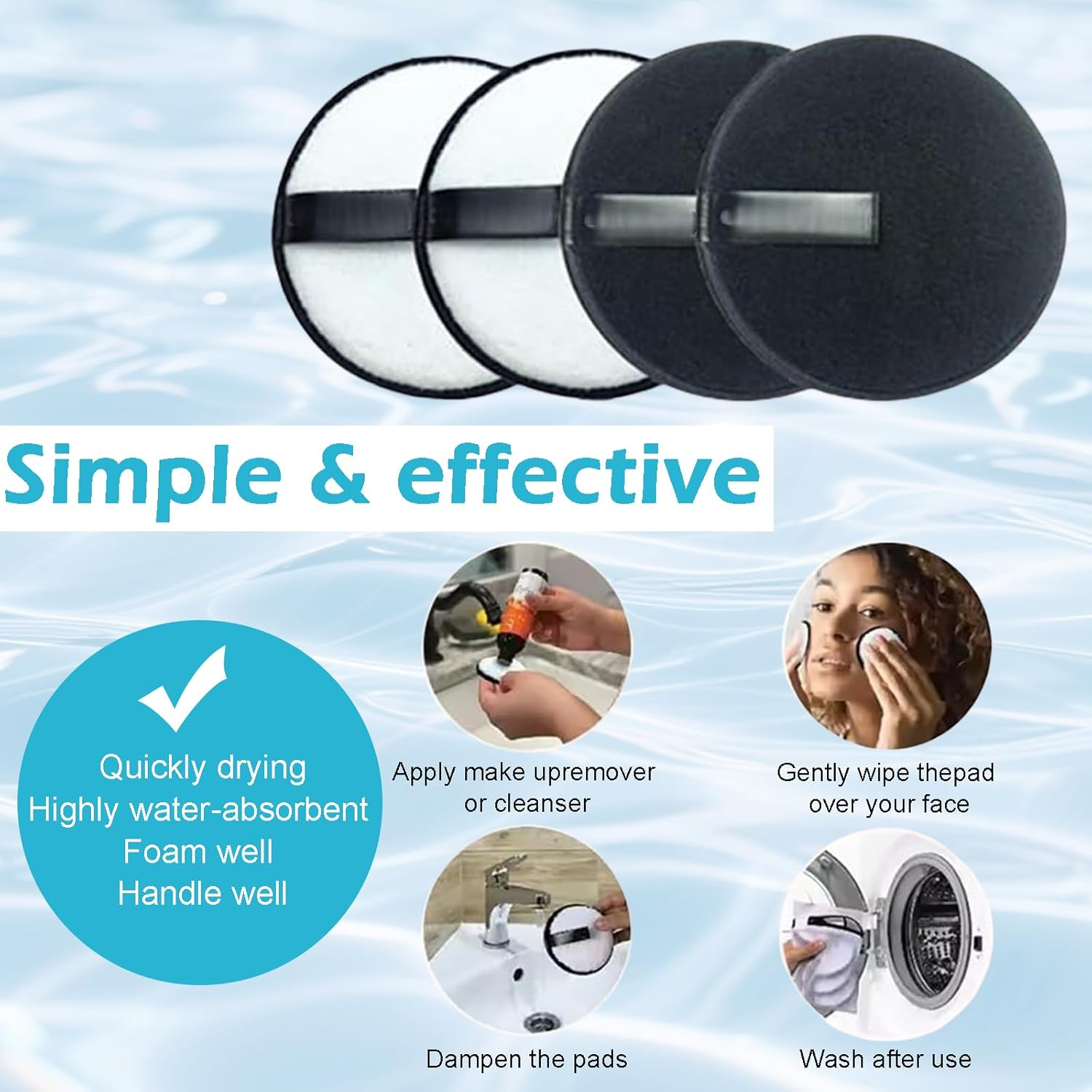 Treayes 4 Pcs Makeup Remover Pads - Reusable Makeup Remover Cloths, Washable Microfiber Face Pads for All Skin Types image number 2