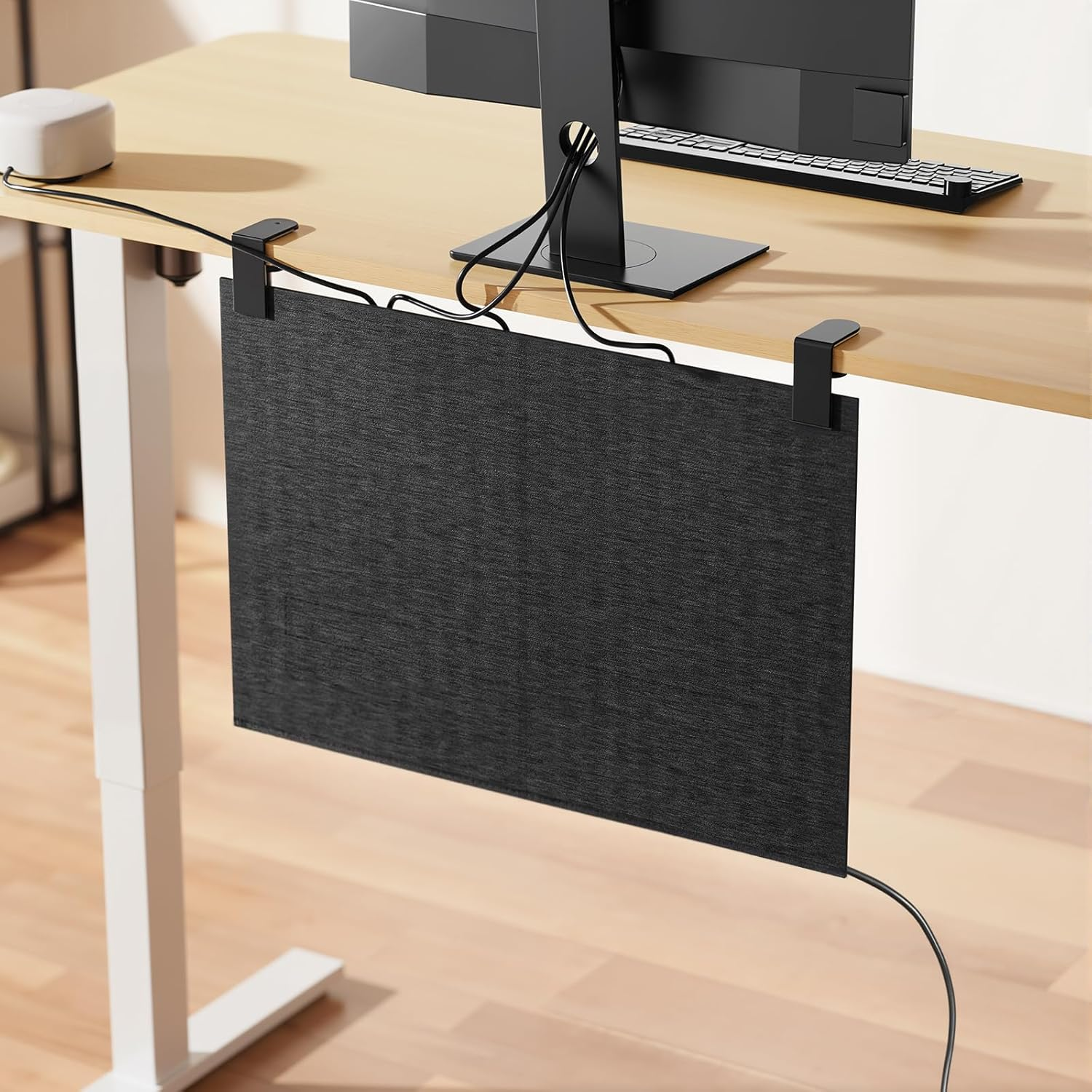 ERGO COLLECT 23.6" Felt under Desk Cable Management Tray with Privacy Panel, Cord Organizer Hides Wires & Power Board, for Home Office Computer & Gaming Desk, Clamp or Screw Mount, Black image number 3