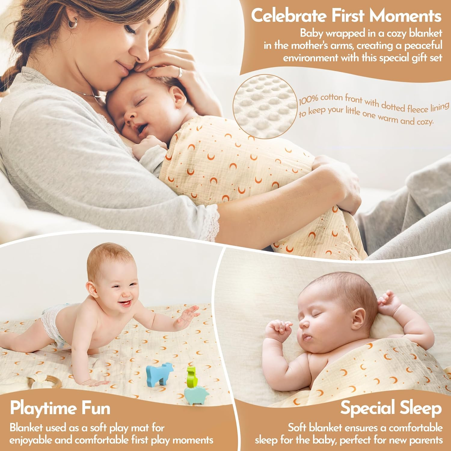 Premium Baby Shower Gifts Basket - 100% Cotton Baby Essentials with Muslin Swaddle Blanket, Keepsake Kit, Bib & Teether Toy | Baby Boy Gifts & Girl Gifts