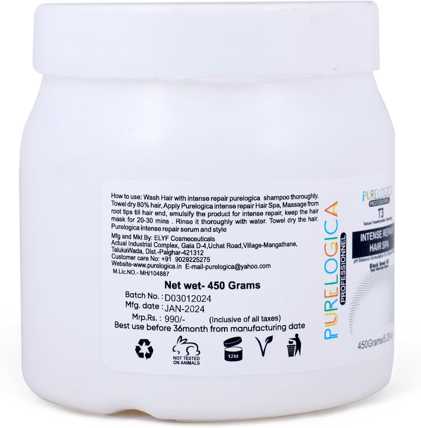 Purelogica Professional Intense Repair Home Spa Hair Mask for Hair and Scalp Generative Intense Repair, Hydration and Build Intense Strength to Cortex & Moisturise Hair Shaft for Men & Women - 450Gm