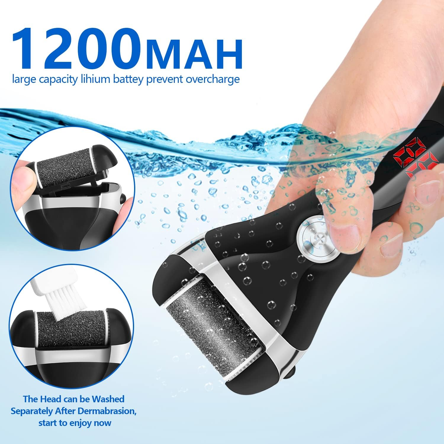 Electric Foot Callus Remover Kit, Elmchee Rechargeable Pedicure Tools Foot Care Feet File with 3 Roller Heads,2 Speed,Battery Display for Remove Cracked Heels Calluses and Dead Skin(Black) image number 4