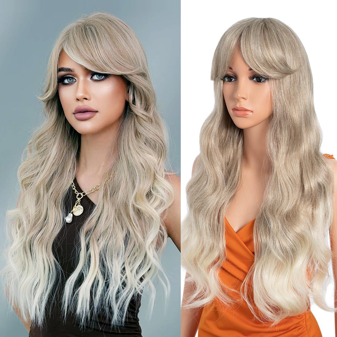 26 Inch Long Wavy Wigs for Women, Black Wig with Bangs, Ombre Brown Wig with Dark Roots, Long Layered, Heat Resistant, Synthetic, Natural Looking for Daily Party Use (T-LINEN (62)) image number 5