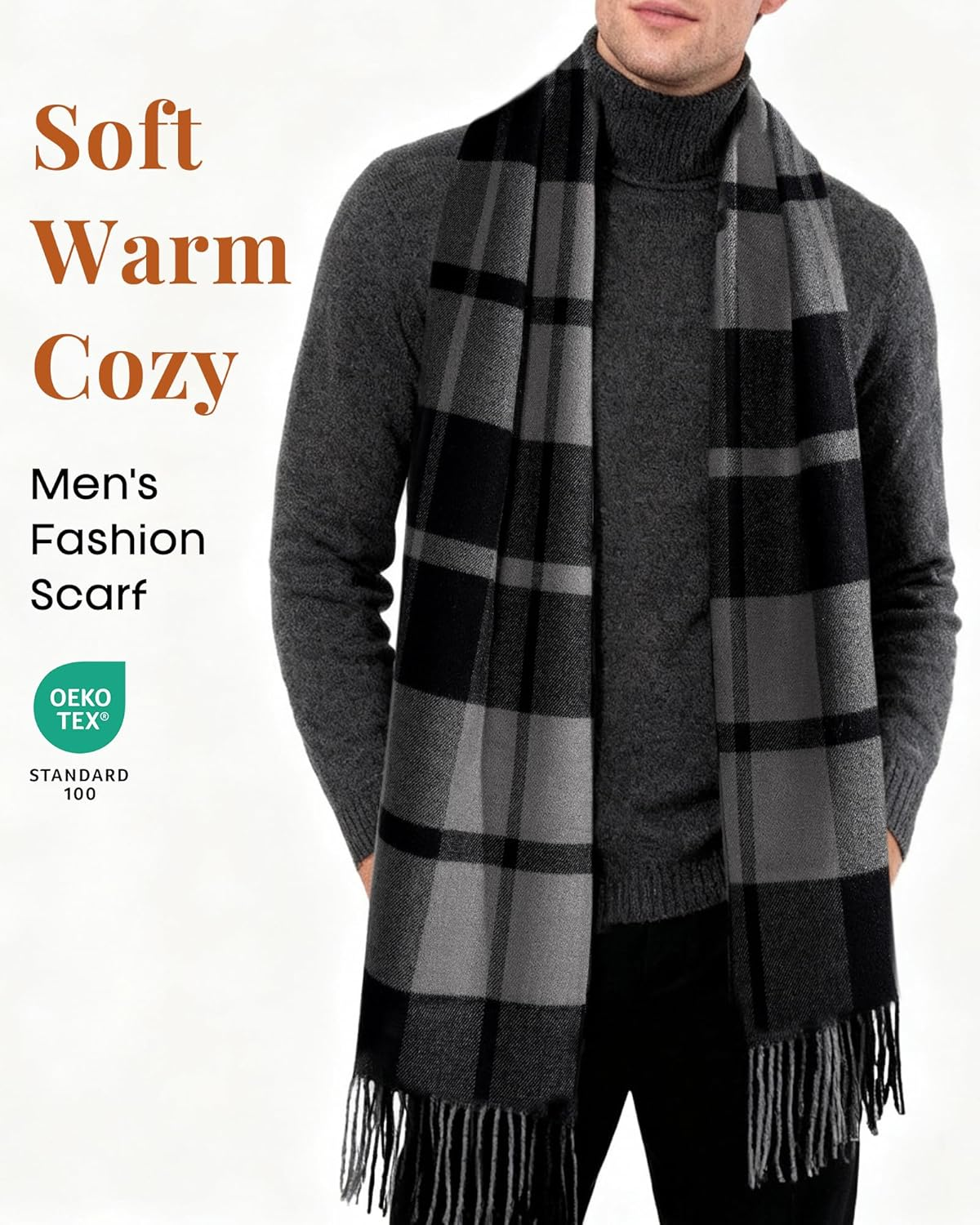 FURTALK Winter Scarf for Men Long Soft Warm Scarves Plaid Tassel Scarf for Men image number 6