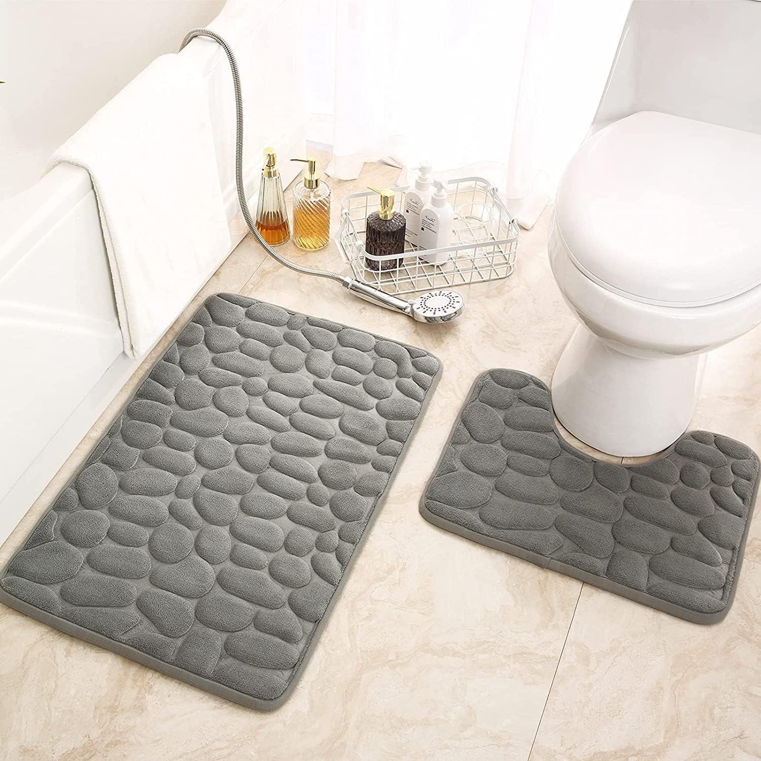 Bath Mat Set 2 Piece, Bathroom Rugs and U-Shaped Toilet Mats Set, Non-Slip, Absorbent, Quick Drying Memory Foam Bath Mat Set Machine Washable, Suitable for Tub, Shower and Bath Room image number 4
