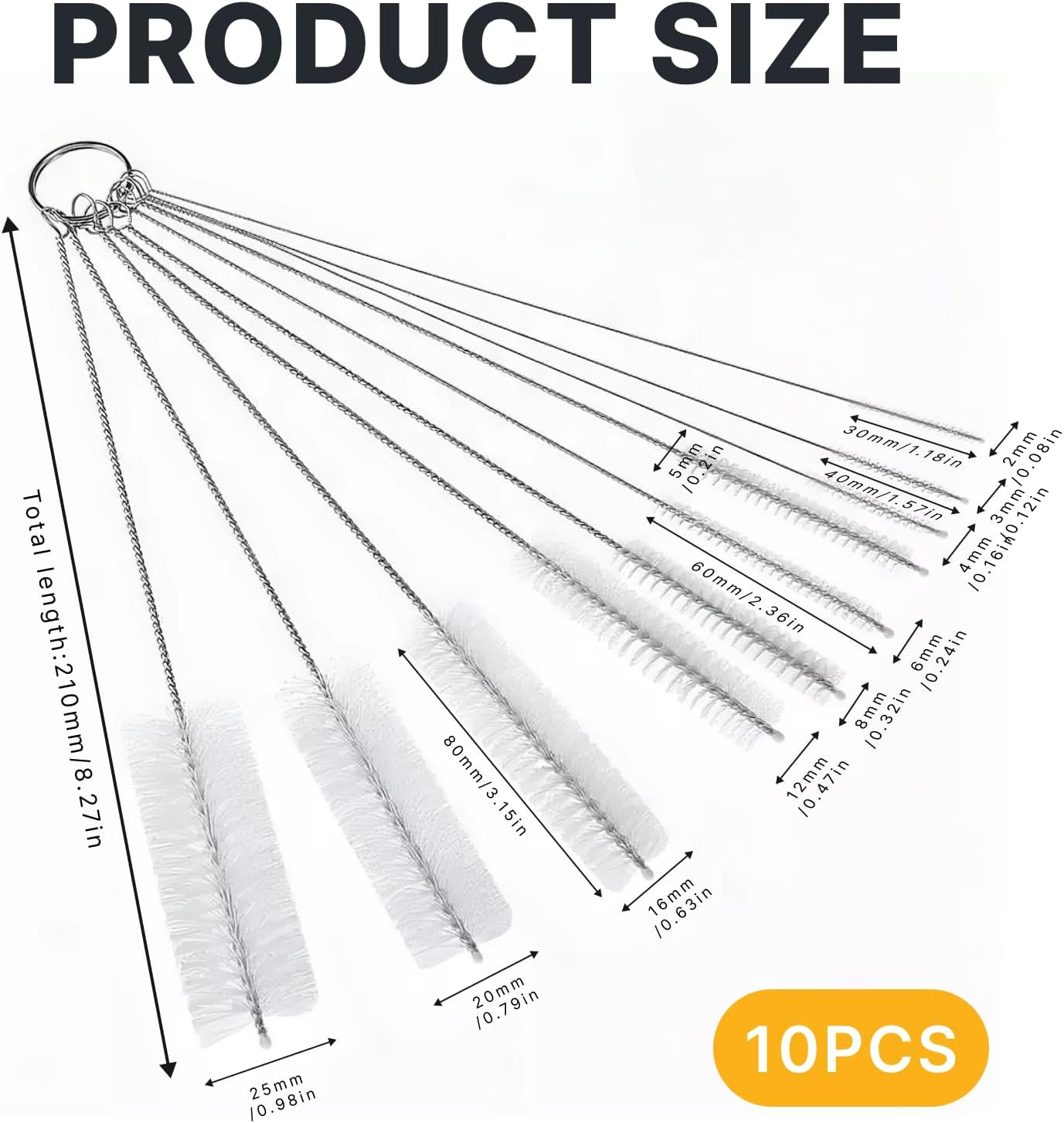 10-Pack Straw Cleaning Brushes &ndash; Multi-Size Nylon Bristle Kit with Keychain (8" Length, White) image number 1