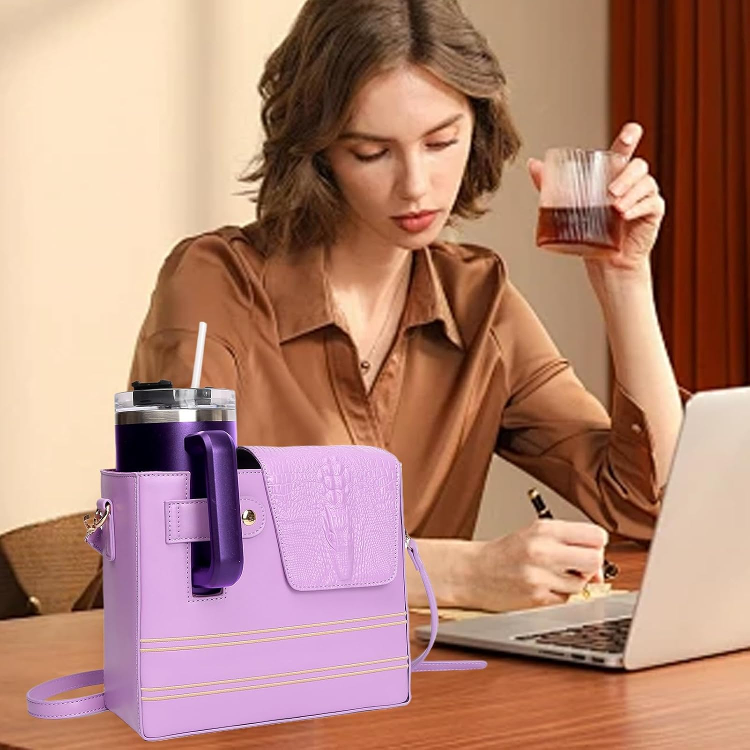 Purse with Cup Holder - Waterproof Portable Strap Pockets | Water Bottle Carrier Bag,Shoulder Purse for Water Bottle, Women, Sports, Gym, Walking, Hiking, Travel, Commuting, Camping, Cycling, Fitness, - Purple image number 3