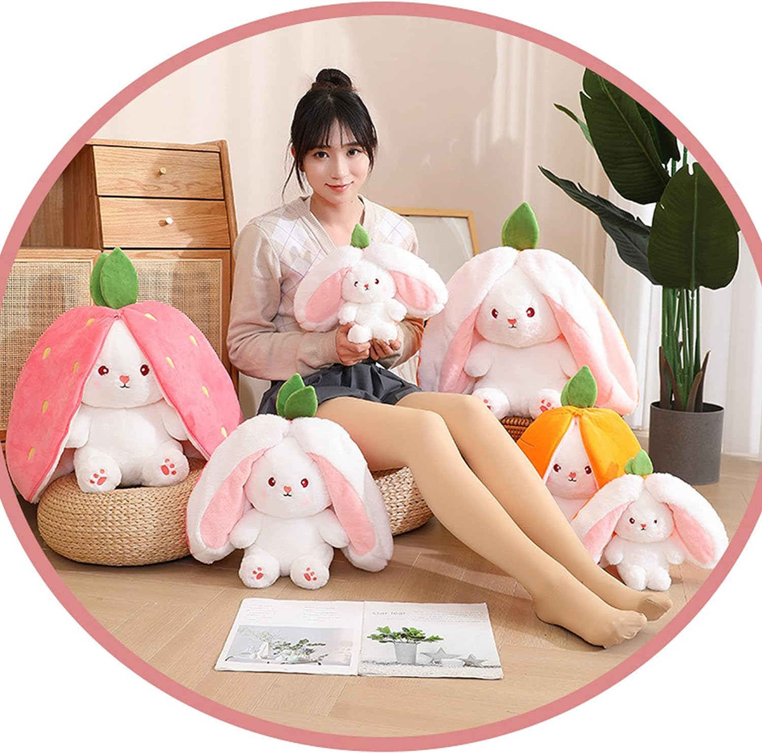 Easter Bunny Stuffed Animal Rabbit Plushie Funny Hide and Seek Bunny Carrot Strawberry Plush Floppy Ear Rabbits with Zipper Cute Bunnies Toy Decor, 7.1Inch