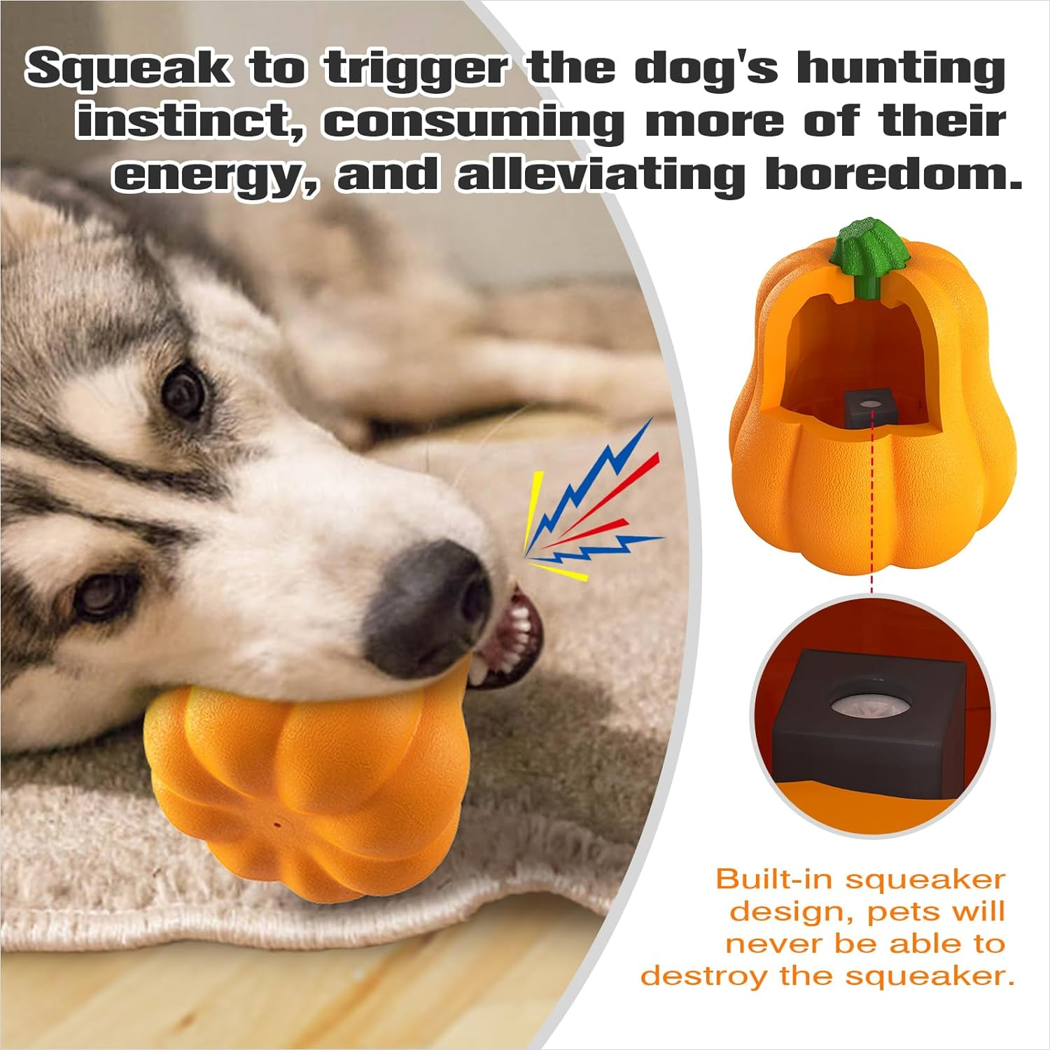Pumpkin Squeaky Dog Toy for Medium & Large Breeds, Interactive Fetch & Chew Toy for Aggressive Chewers, Fun Halloween Theme for Playtime (Pumpkin) image number 4