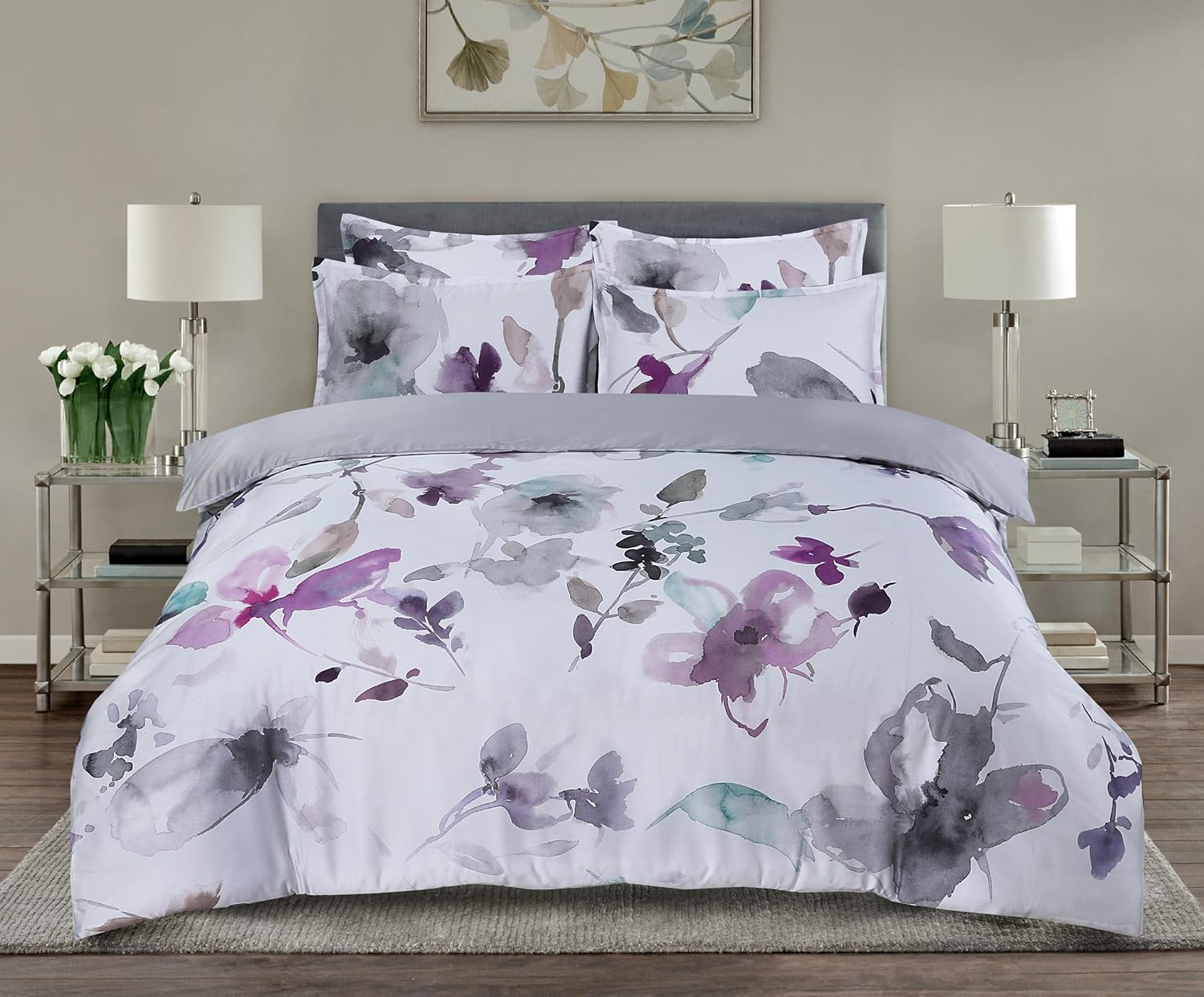 Majestic Giftware Madison Linen 6-Piece Queen Size Duvet Bedding Set (BL500-Q-2) | Tokyo Comfort - Ash 300 Thread Count Cotton Sateen | 1 Fitted Sheet, 1 Duvet, 4 Pillowcases | Soft & Luxurious