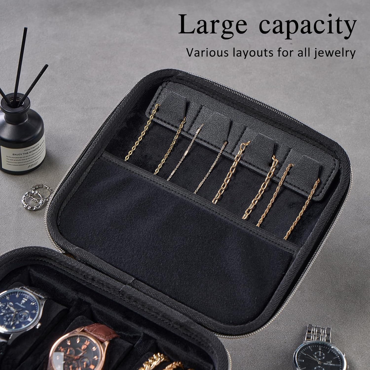 Procase Mens Medium Jewelry Storage Case, 3 Slots Travel Watch Accessories Carrying Box, Glasses Necklaces Rings Bracelets Zippered Organizer Bag for Male -Black image number 3