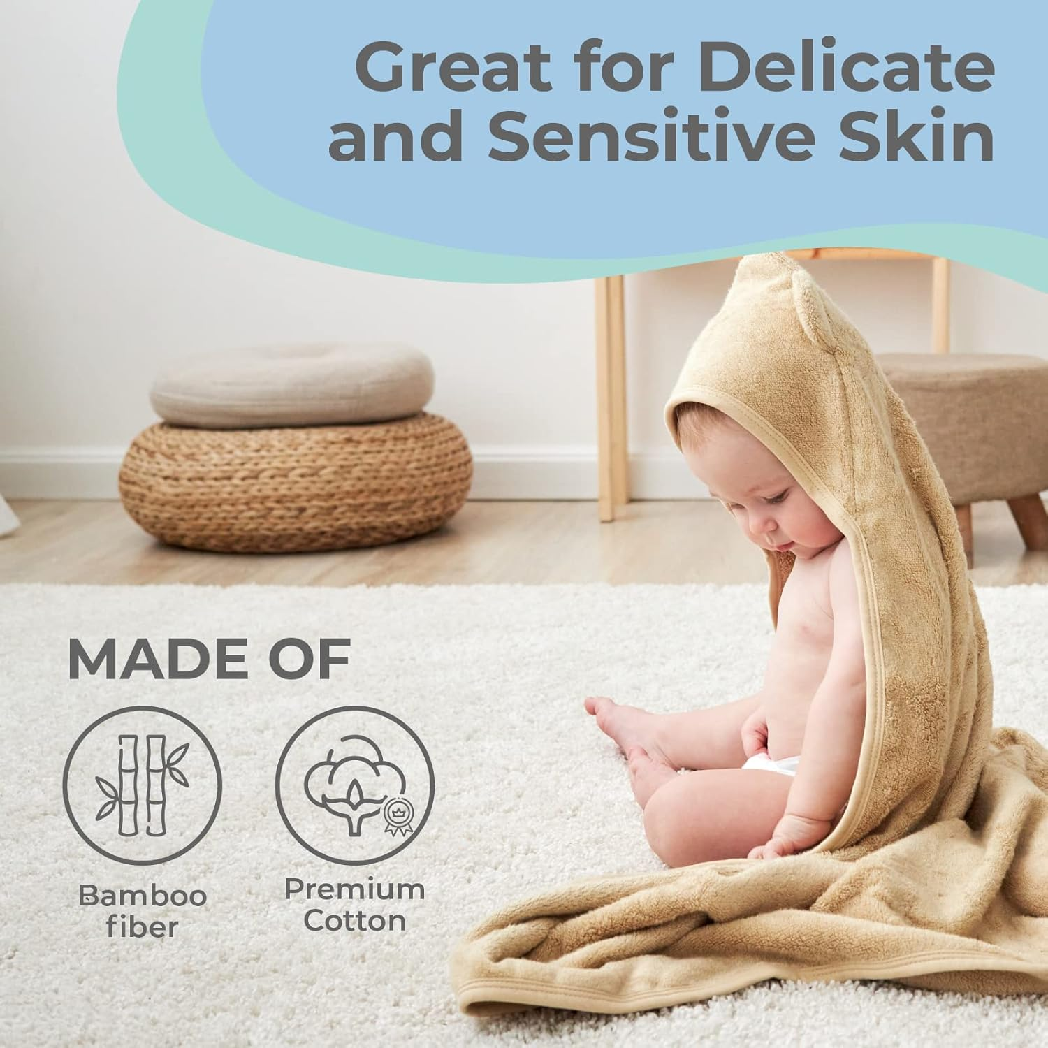Munich Blue Hooded Bath Towel for Newborn and Toddler Girls and Boys - Soft and Cozy Baby Towel with Cute Bear Ears (Oat Color, 600GSM, 90X90Cm)