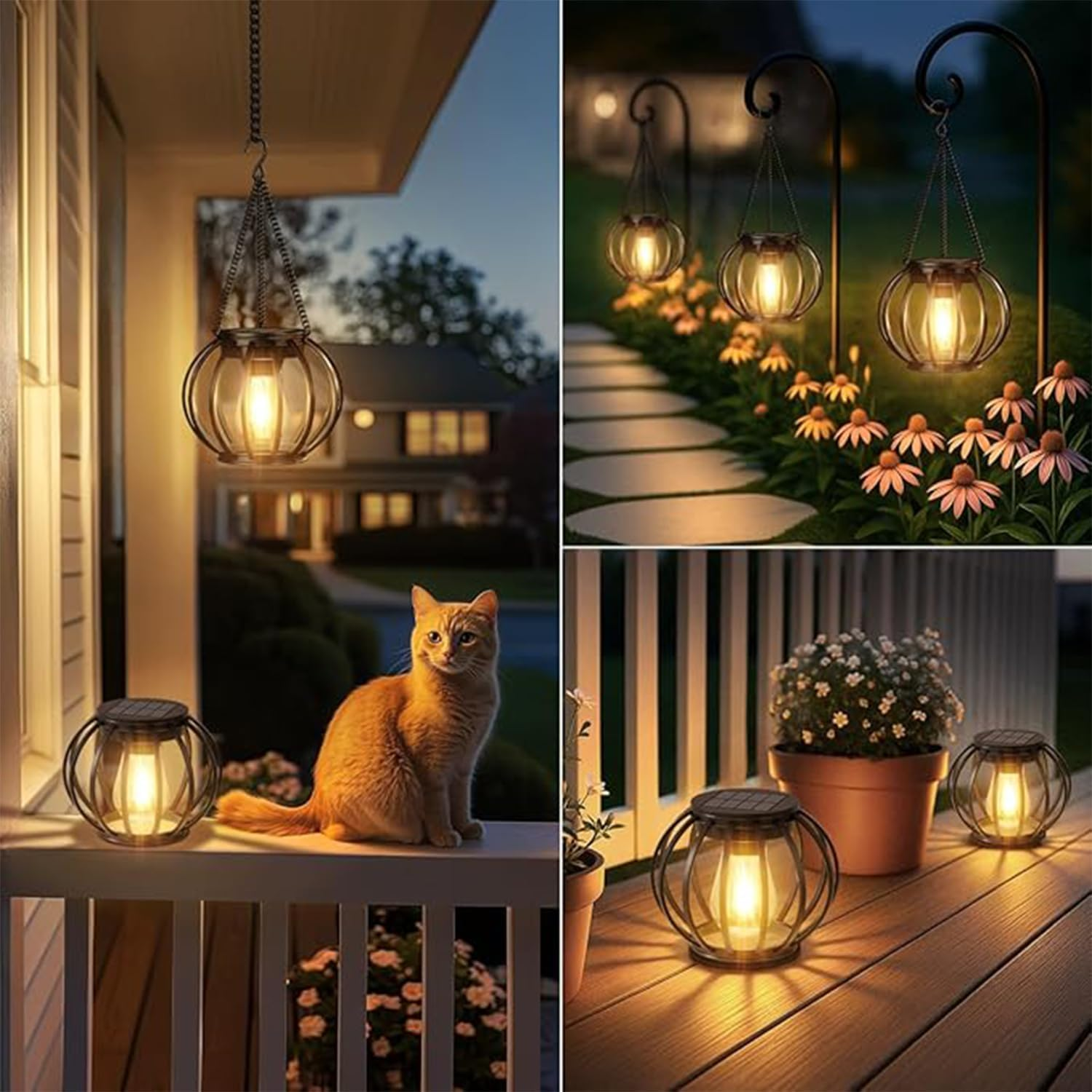 Pack of 2 Solar Lights for Outdoor Hanging, Retro LED Solar Lanterns, Solar Lights, Garden Decoration, Waterproof Metal Hanging Solar Lights, Solar Lanterns for Outdoor Use for Patio, Lawn, Balcony image number 3