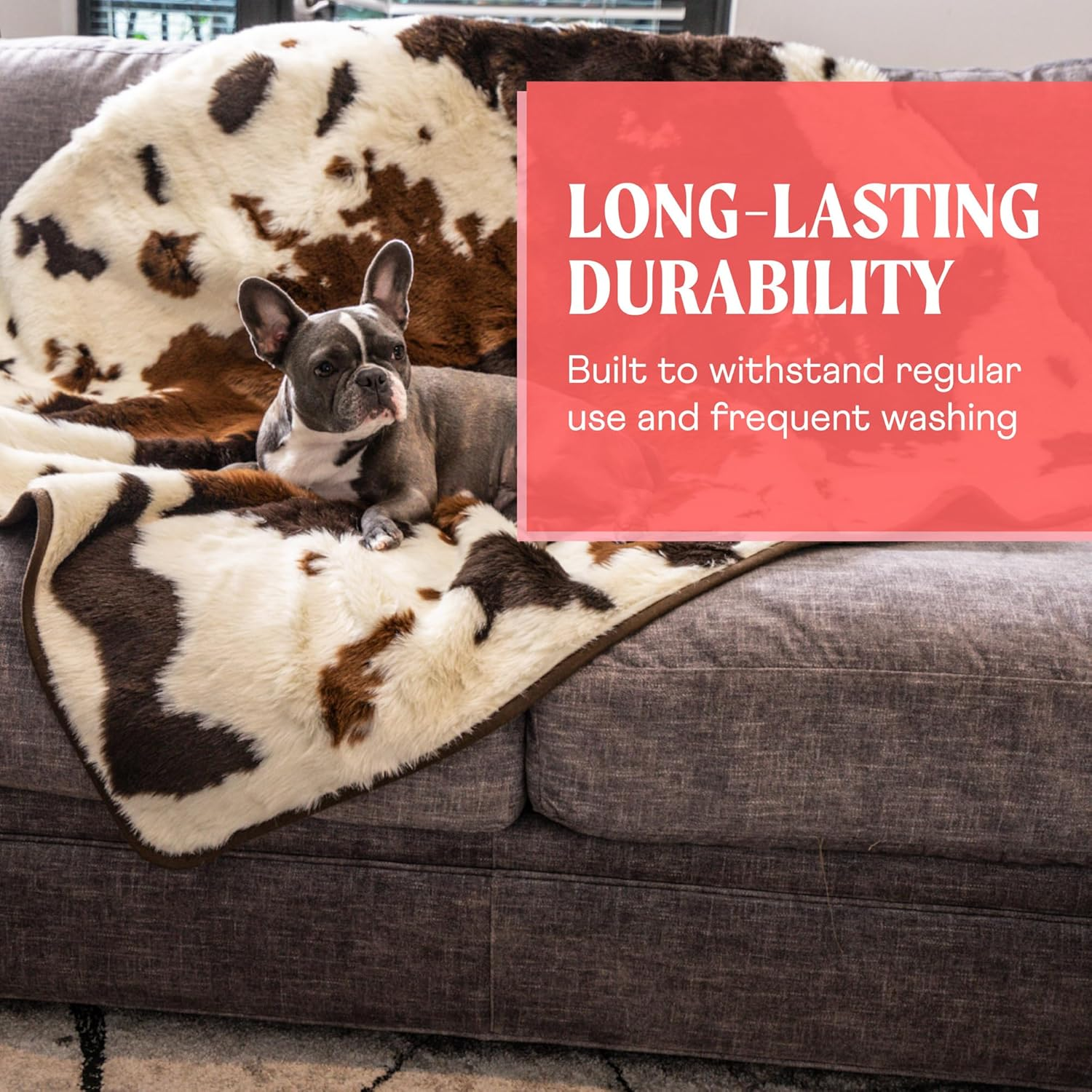 Pupprotector Waterproof Throw Blanket for Dogs and Cats, Pet Blanket Cover for Couches, Sofas, Beds, Car Seats, Furniture, Calming Soft Faux Fur, Brown Cowhide, Original (60" L X 50" W) image number 2
