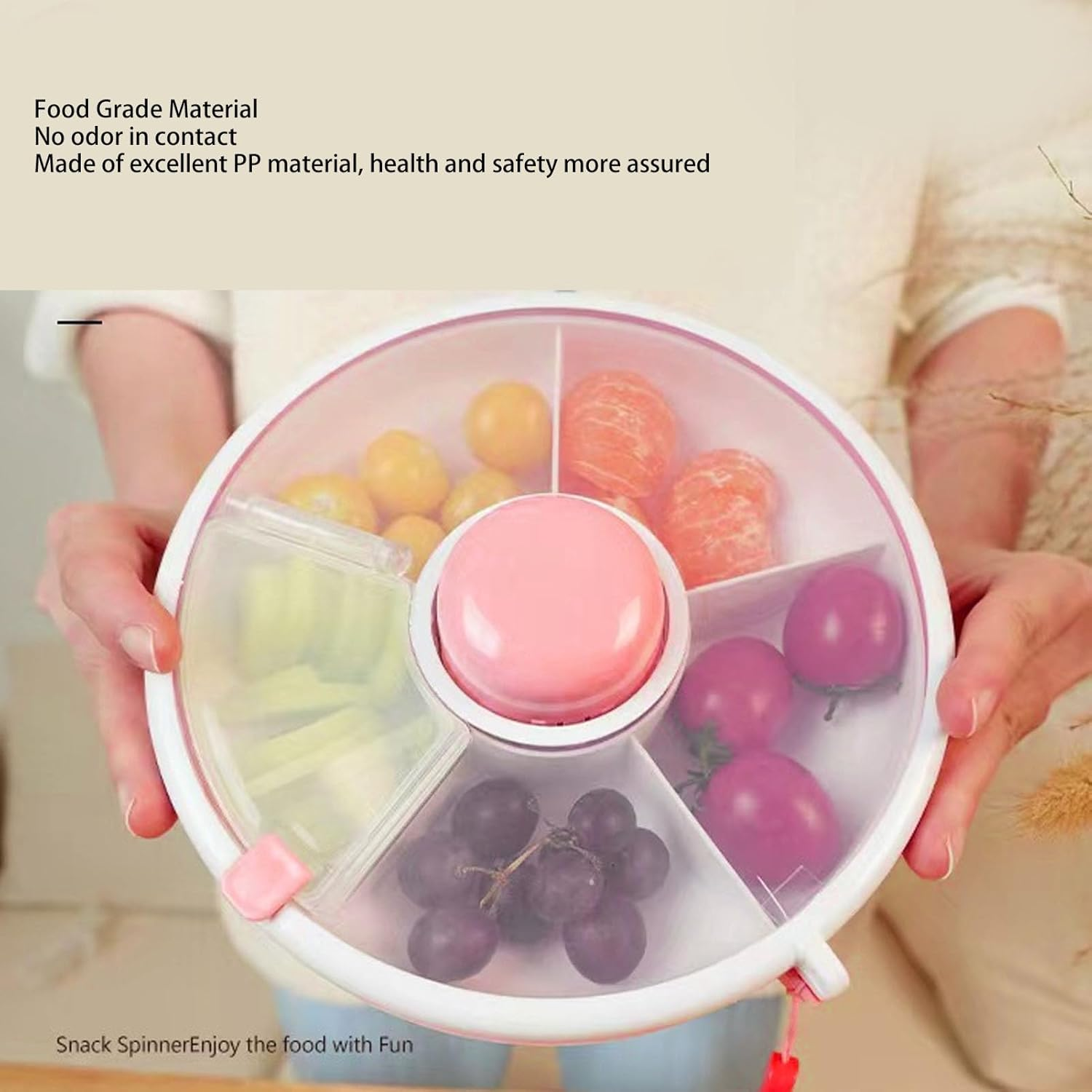Rotating Snack Container, Large Capacity Sealing Fruit Storage Box with Lid, 360&deg; Rotating, Dampproof, 5 Compartment Dispenser for Kids (Pink) image number 1