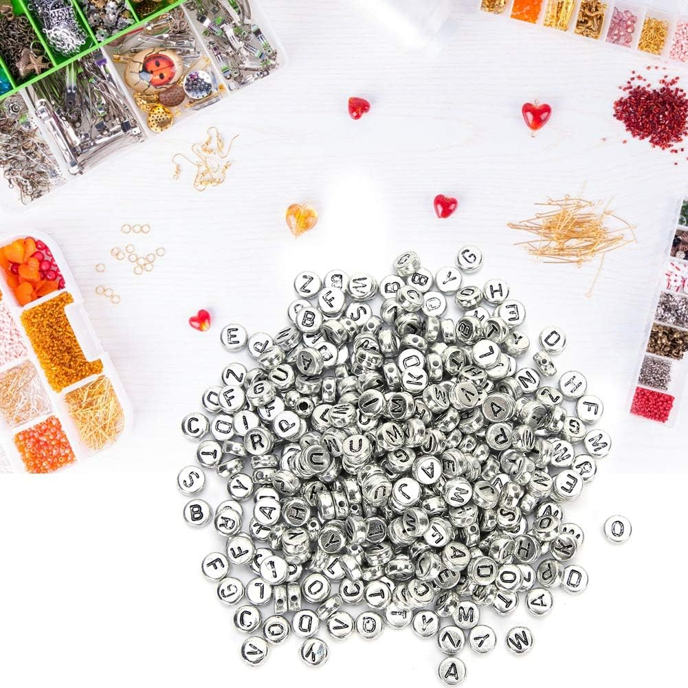 Folany 500Pcs Silver Acrylic round Letter Beads, A-Z Alphabet, Plastic, 4X7Mm, DIY Craft image number 1