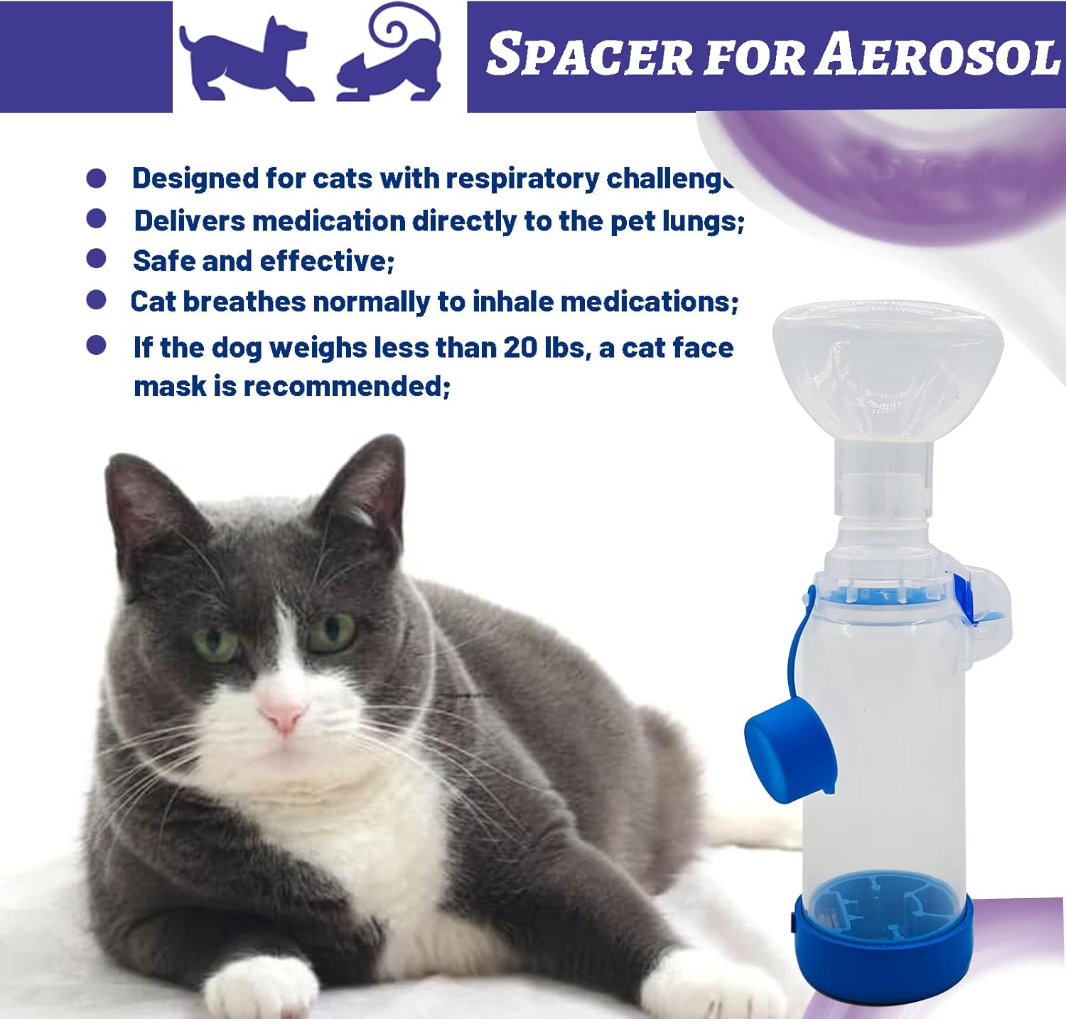Inhaler Spacer for Dogs/Cats with 2 Silicone Masks, Aerosol Chamber Canine Spacer for Cats and Doggy for Respiratory Diseases Such as Bronchitis Feline Breathing Shortness Asthma image number 6