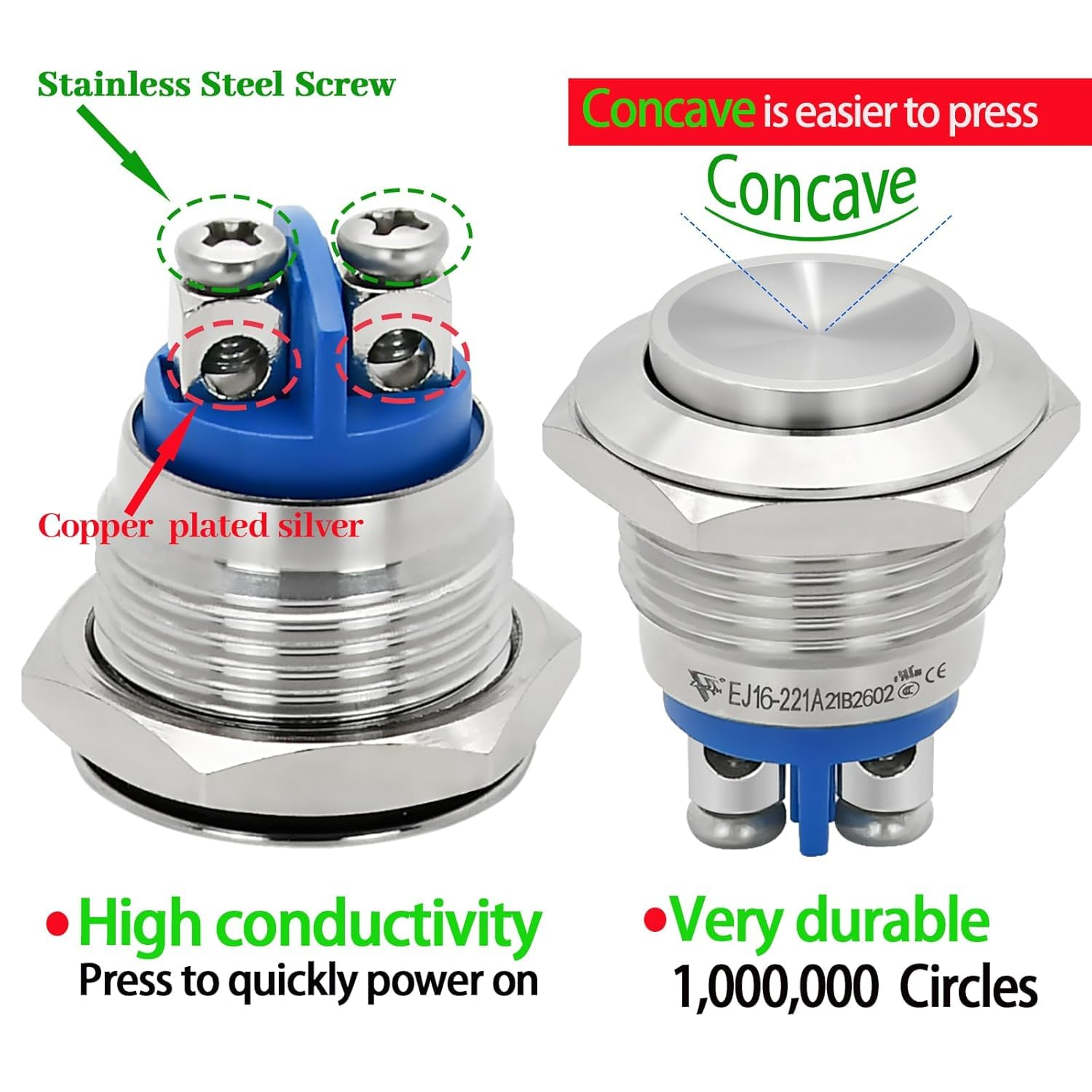 Walquicks 5 PCS 16MM Momentary Push Button Switch, UL Certified Waterproof IP67 Stainless Steel High round Cap, 250V AC 5A 12V-36V DC 2A, High Flush Screw Terminals