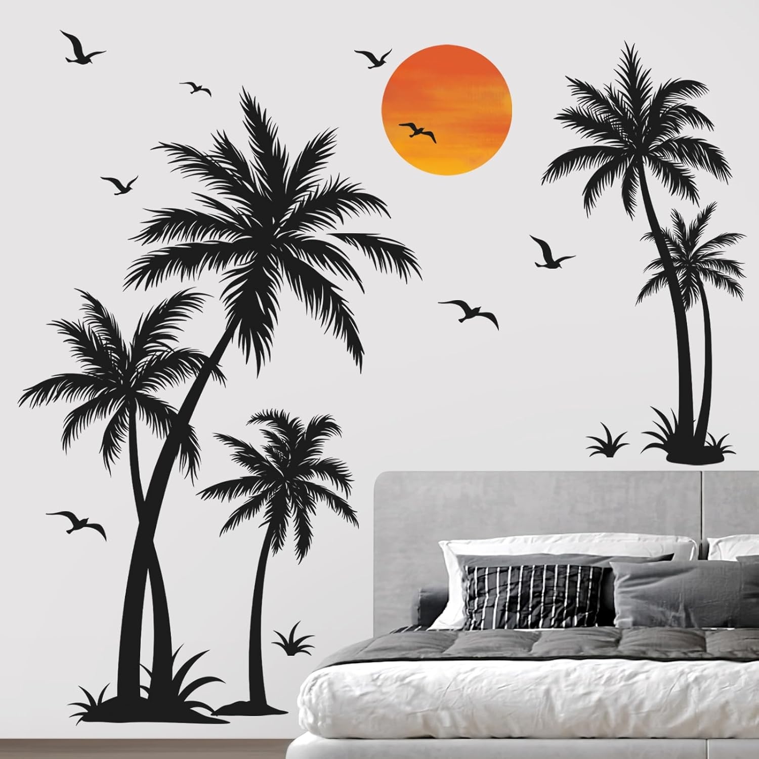 Wondever Large Black Palm Tree Wall Stickers Tropical Tree Plants Birds Peel and Stick Wall Art Decals for Living Room Bedroom TV Background (H: 53 Inch) image number 5