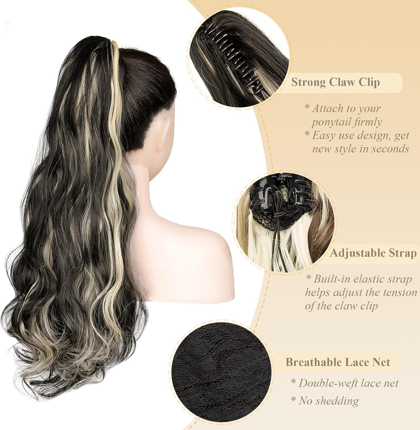 Gairyan 20Inch Ponytail Extension Clip in Ponytail Hair Extensions Curly Wavy Pony Tails Claw on Ponytail Long Wave Synthetic Hairpieces for Women Soft Real Look (Natural Black & Bleach Blonde) image number 6