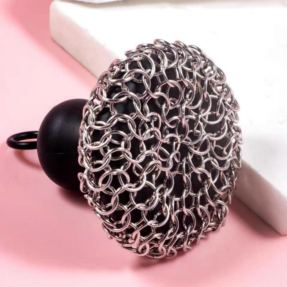 Cast Iron Cleaner Upgraded Handle Cast Iron Scrubber Brush Stainless Steel 316 Chain Mail Scrubber image number 1