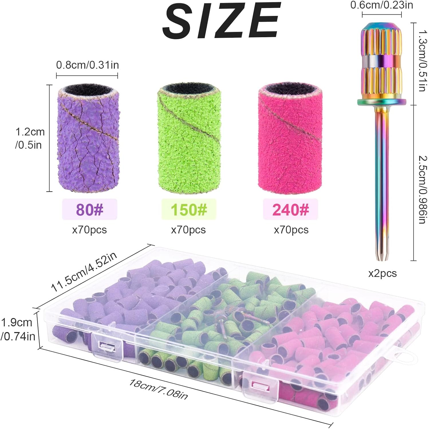 Rolybag Sanding Bands for Nail Drill Sanding Bands#80#150#240 Grits 210Pcs Color Coarse Fine Nail Sanding Bands 2Pcs Nail Drill Bits 3/32" Mandrel Bits Portable Storage Box Set image number 6