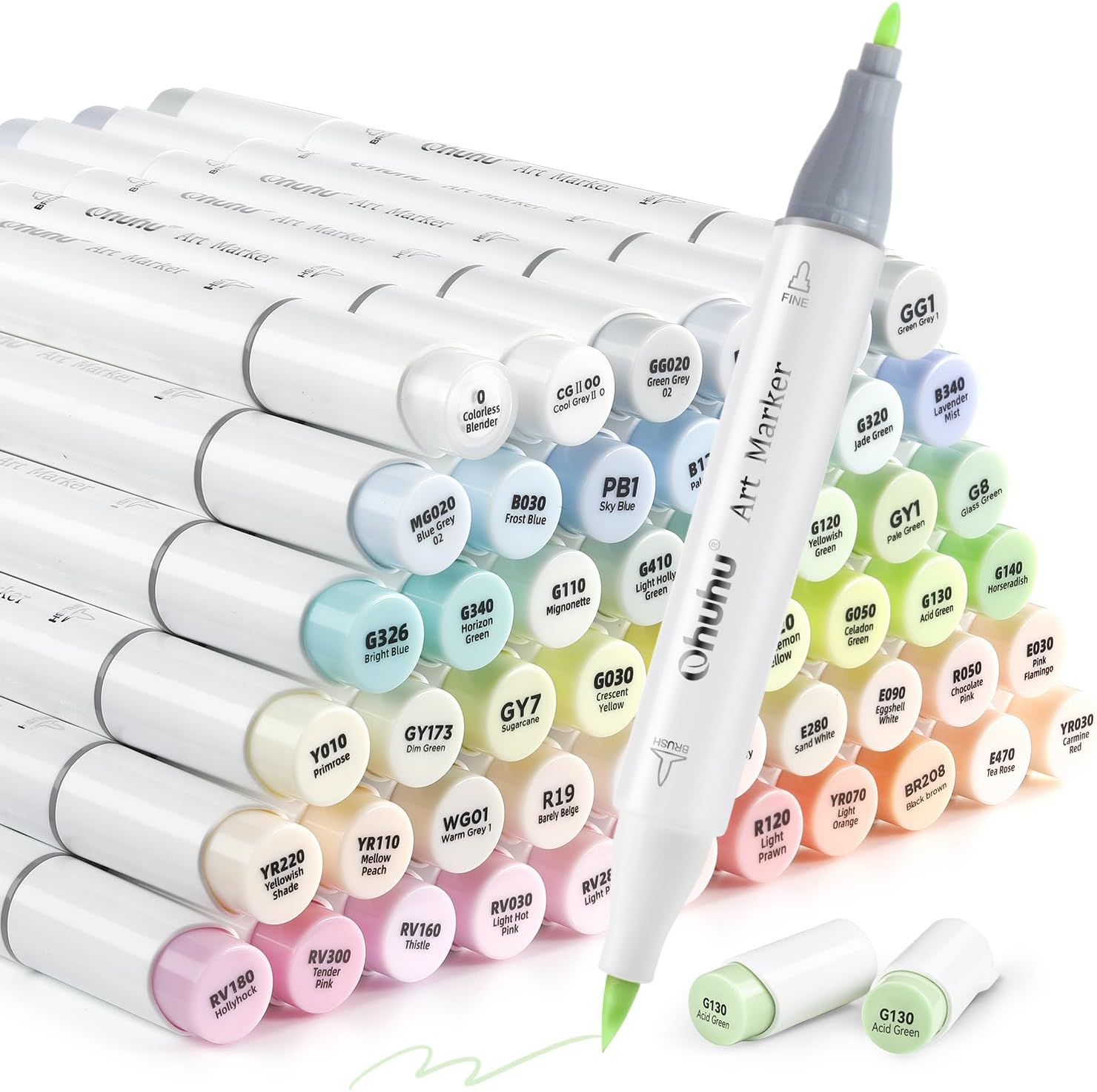 Ohuhu Pastel Alcohol Brush Markers - 48 - Blossoming - Double Tipped Art Markers for Artist Adults' Coloring Illustration - Brush & Fine Dual Tips - Honolulu B image number 3