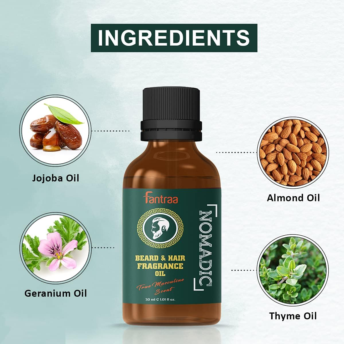 Fantraa Beard and Hair Fragrance Oil - 30 Ml (Nomadic) | for Men | Make Beard Nourish, Soft & Touchable | No Harmful Chemicals | Ideal for Daily Use image number 5
