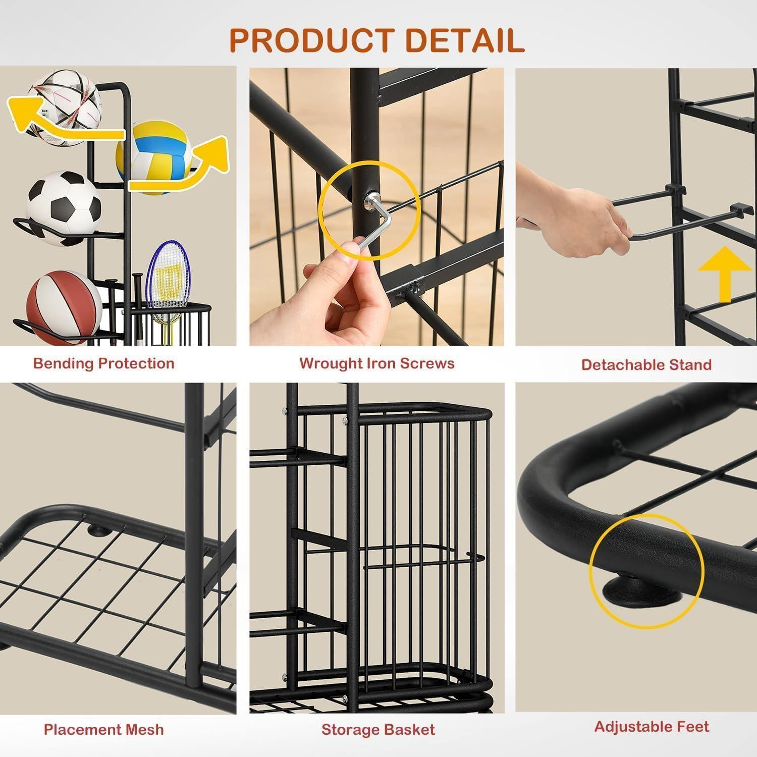 Fohouse Garage Sports Equipment Organizer with Basket, Ball Storage Rack, Football Stand, Ball Storage Garage, Ball Holder - White image number 2