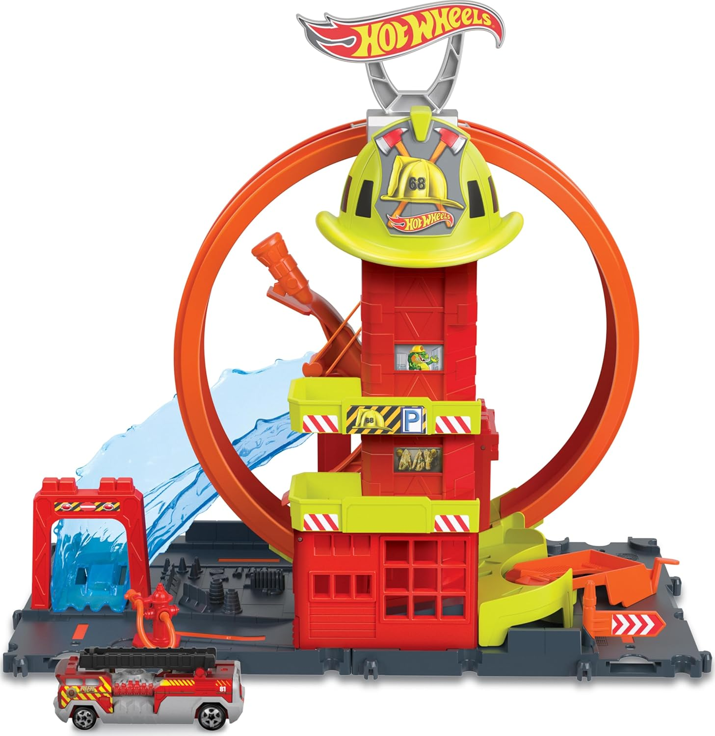 Hot Wheels City with 1 Toy Car, Kid-Powered Elevator, Water-Like Ramp, Track-Play Features, Connects to Other Sets, Fire Station with Super Loop (Amazon Exclusive)