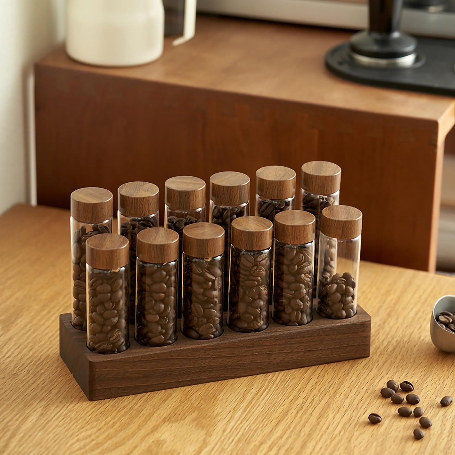 TREELF Coffee Bean Storage,Coffee Storage Container with Walnut Solid Wood Base,Coffee Bean Container,12 Tubes Single Dose with Wooden Holder(Type 2)