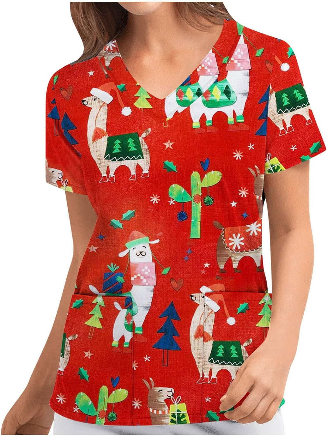 Women'S Christmas V-Neck Short Sleeve Nursing Uniform Xmas Santa Gifts Printed Workwear Holiday Graphic Tees Blouse Scrubs Tops with Pockets image number 2
