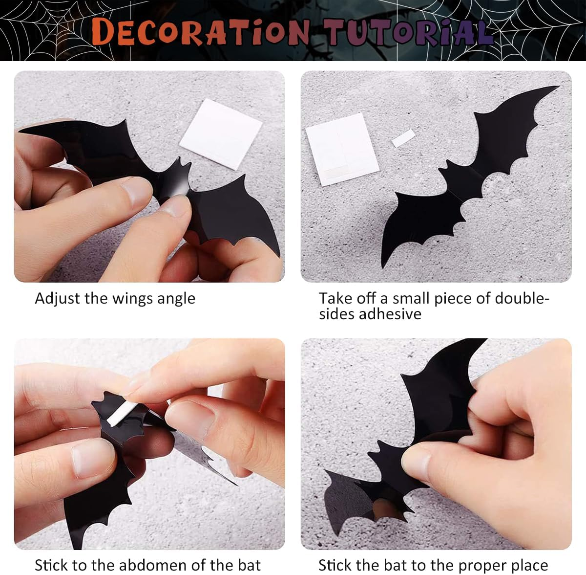 Halloween 3D Bats Decor 120PCS Wall Decor Realistic Halloween Party Scary Black 4 Different Sizes Waterproof PVC Bat Stickers for Living Room Bedroom Windows Gothic Home Decor Bats Spooky Party Decals image number 4