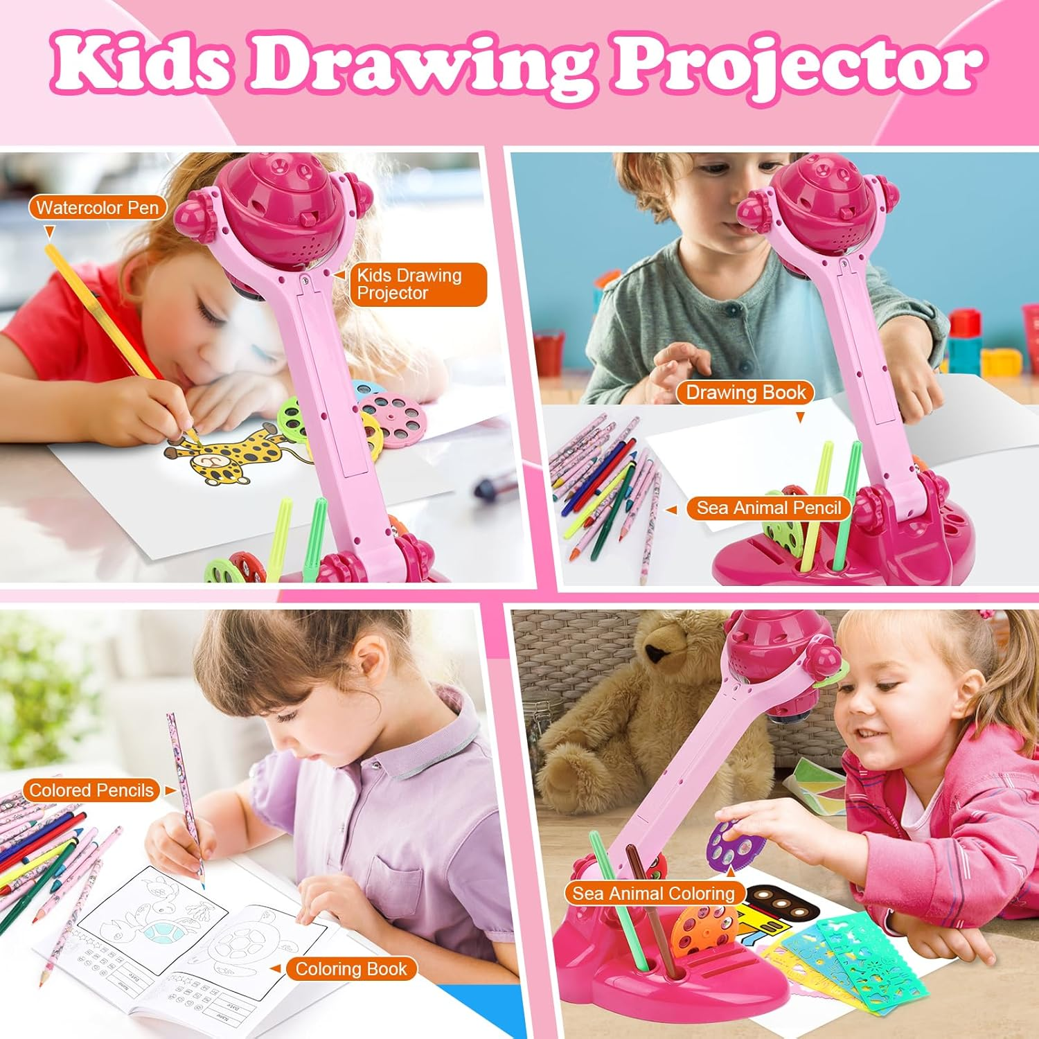 Drawing Projector for Kids, Art and Craft Kit, Toys for Girls Aged 3+, Including Colored Pencils, Crayons, Coloring Books 3+ Year Old Girls (Pink Drawing Kit V2) image number 3
