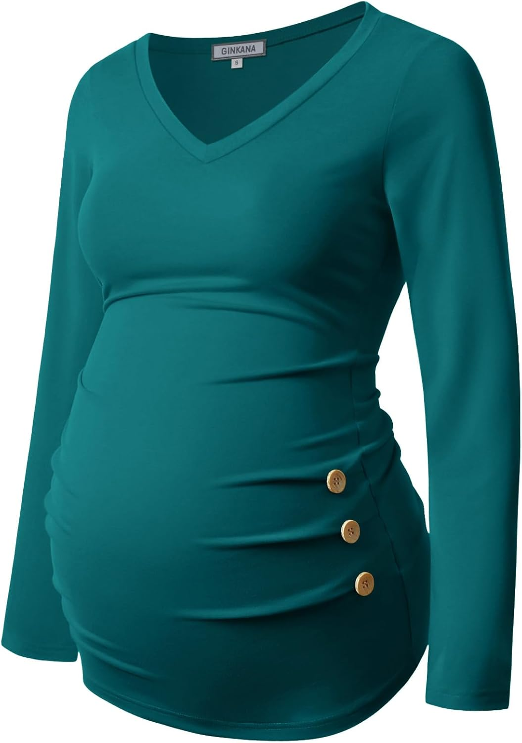 GINKANA Maternity Shirt Long Sleeve Basic Top Ruch Sides Buttons Tshirt for Pregnant image number 2