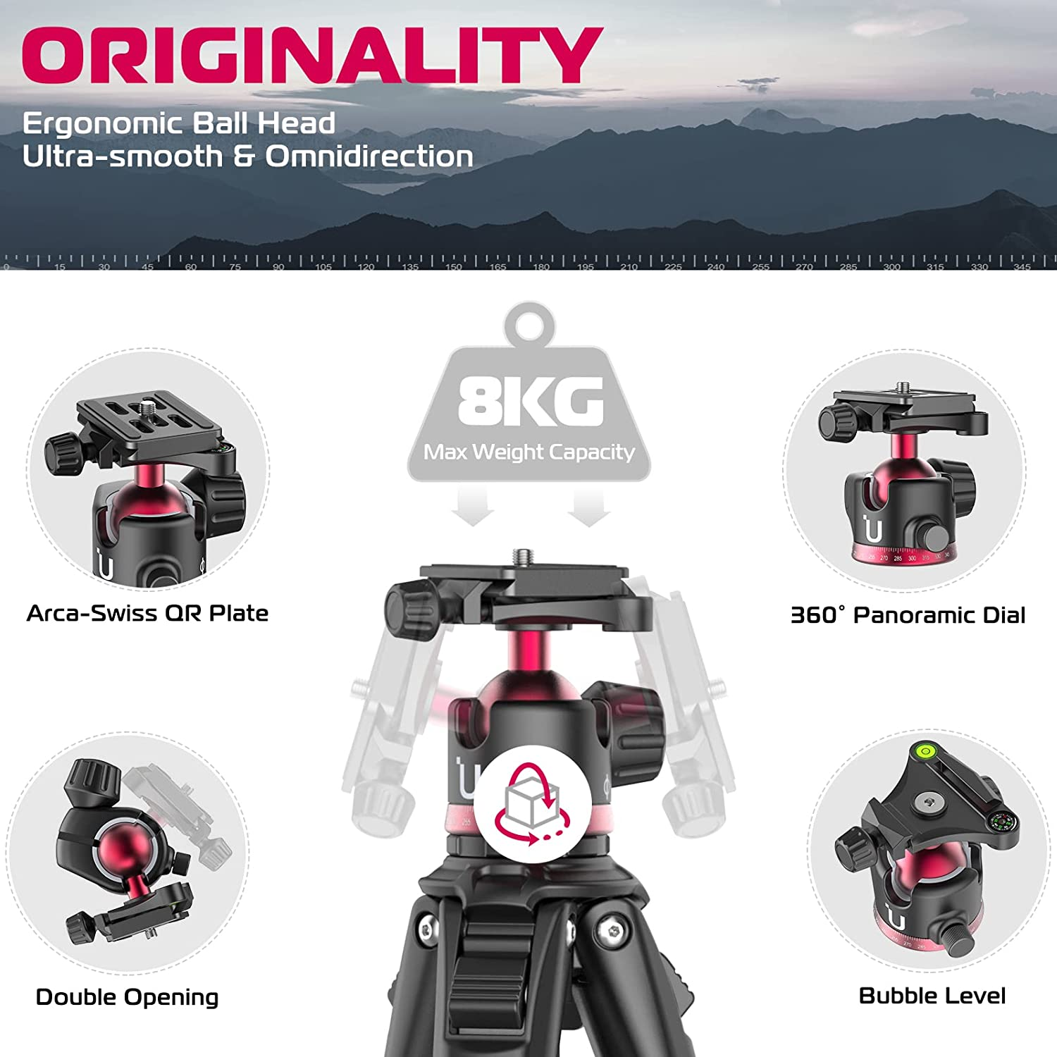 Ulanzi MT-55 Ombra Travel Tripod, 62.2'' Professional Camera Video Aluminum Tripod W/ 360&deg; Ball Head&Quick Release Plate, Max Load 17.6 LB for Nikon Canon DSLR Camcorder, Phone Holder Included Black image number 3