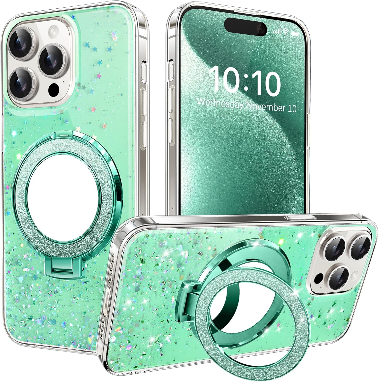 IMEIKONST Glitter Case Compatible with Iphone 16E with Makeup Mirror Holder, Sparkle Transparent Bling Shell Shockproof Soft TPU Silicone Bumper Cover for Iphone 16E. Green DJJ