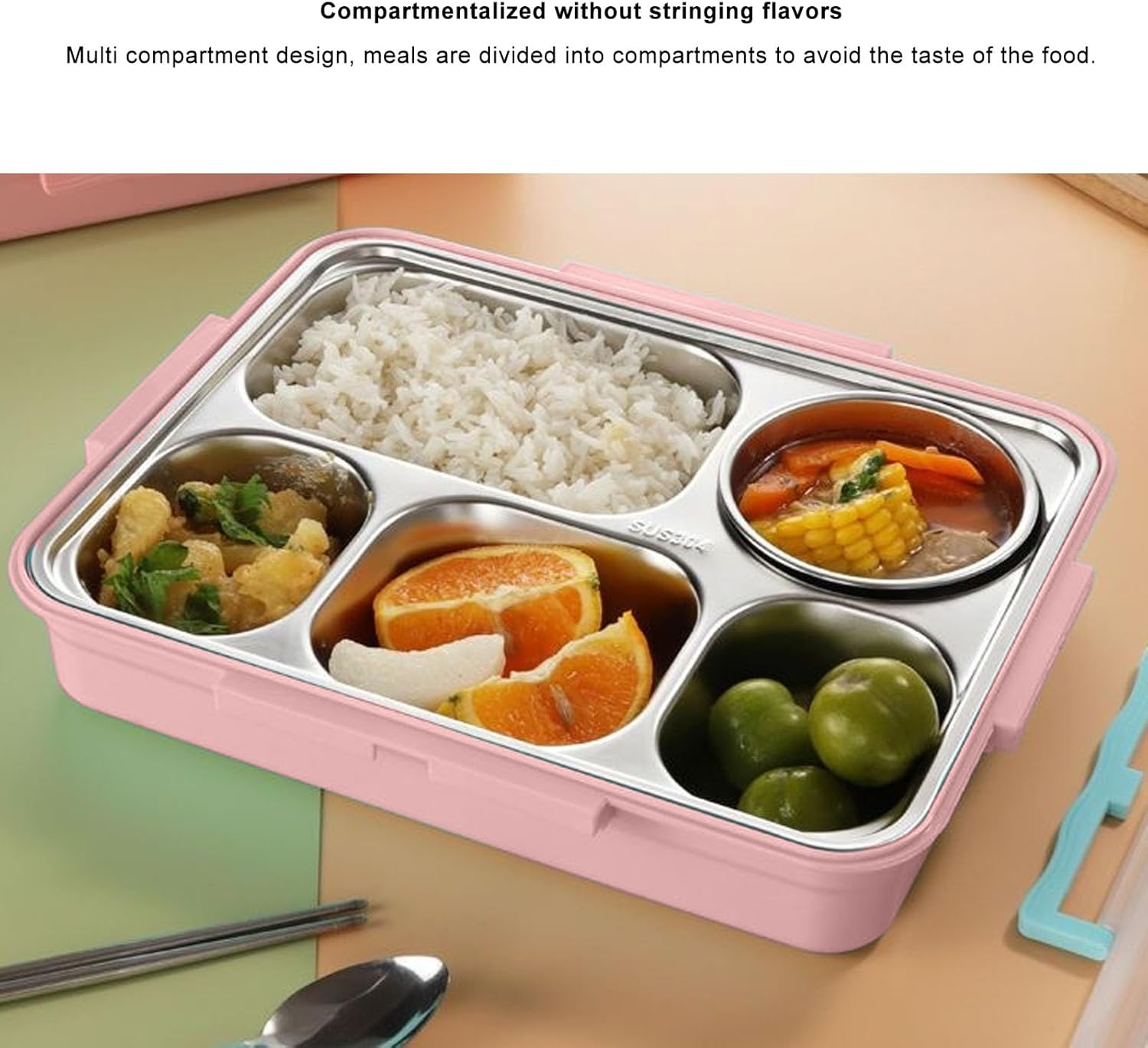Gernie Feminine Practical Stainless Steel Lunch Box, 5 Compartments with Lid, Chopsticks, Spoon, Soup Bowl, Reusable Lunch Container, Portion Control Divided Dinner Tray for School, Office image number 4