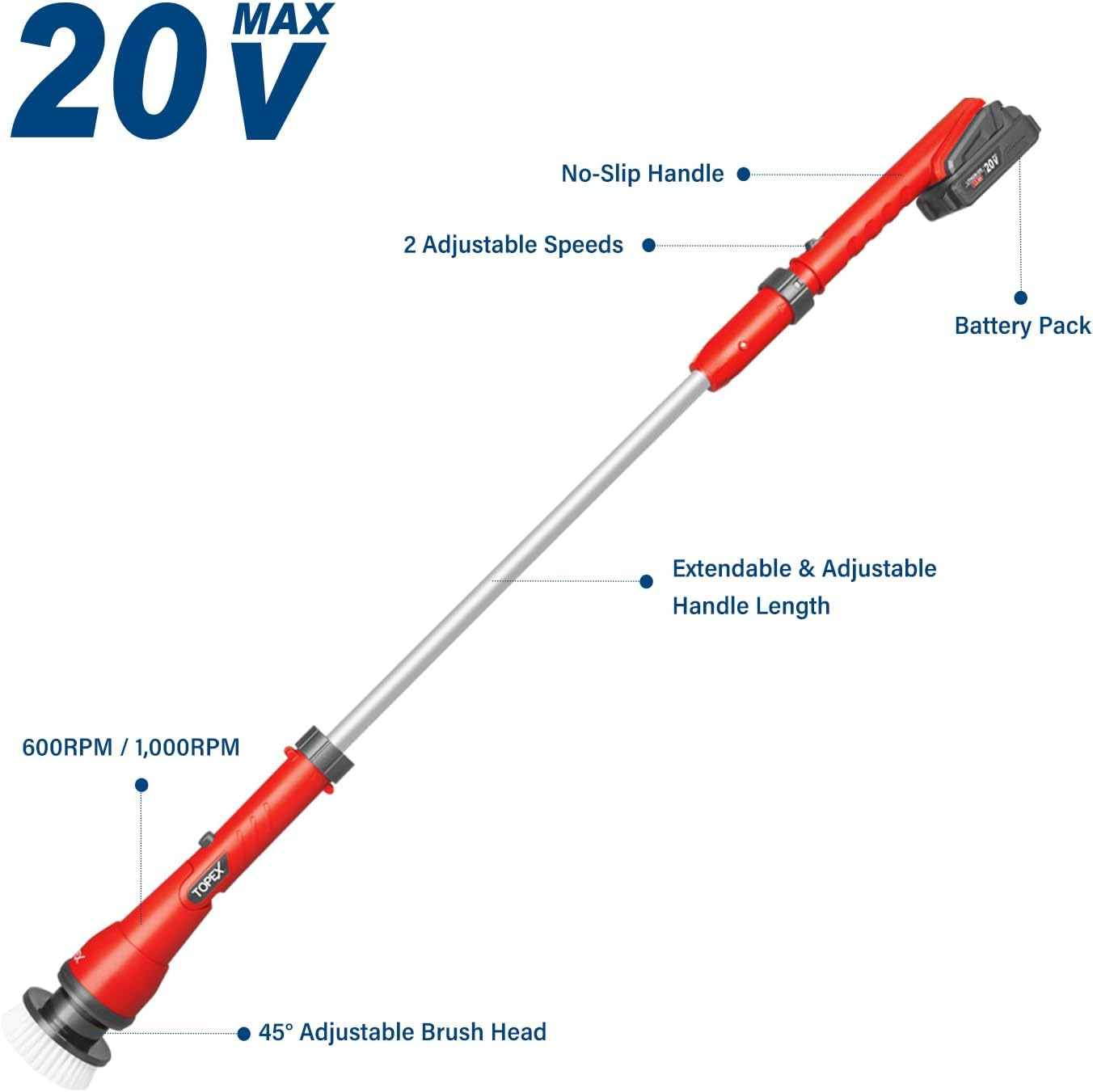TOPEX 20V Cordless Power Scrubber Rechargeable Electric Bathroom Scrubber Shower Scrubber Cleaning Brush Household Tools W/Extension Handle & 4 Replaceable Brush Heads, 2 Speeds Power Scrubber Brush image number 5